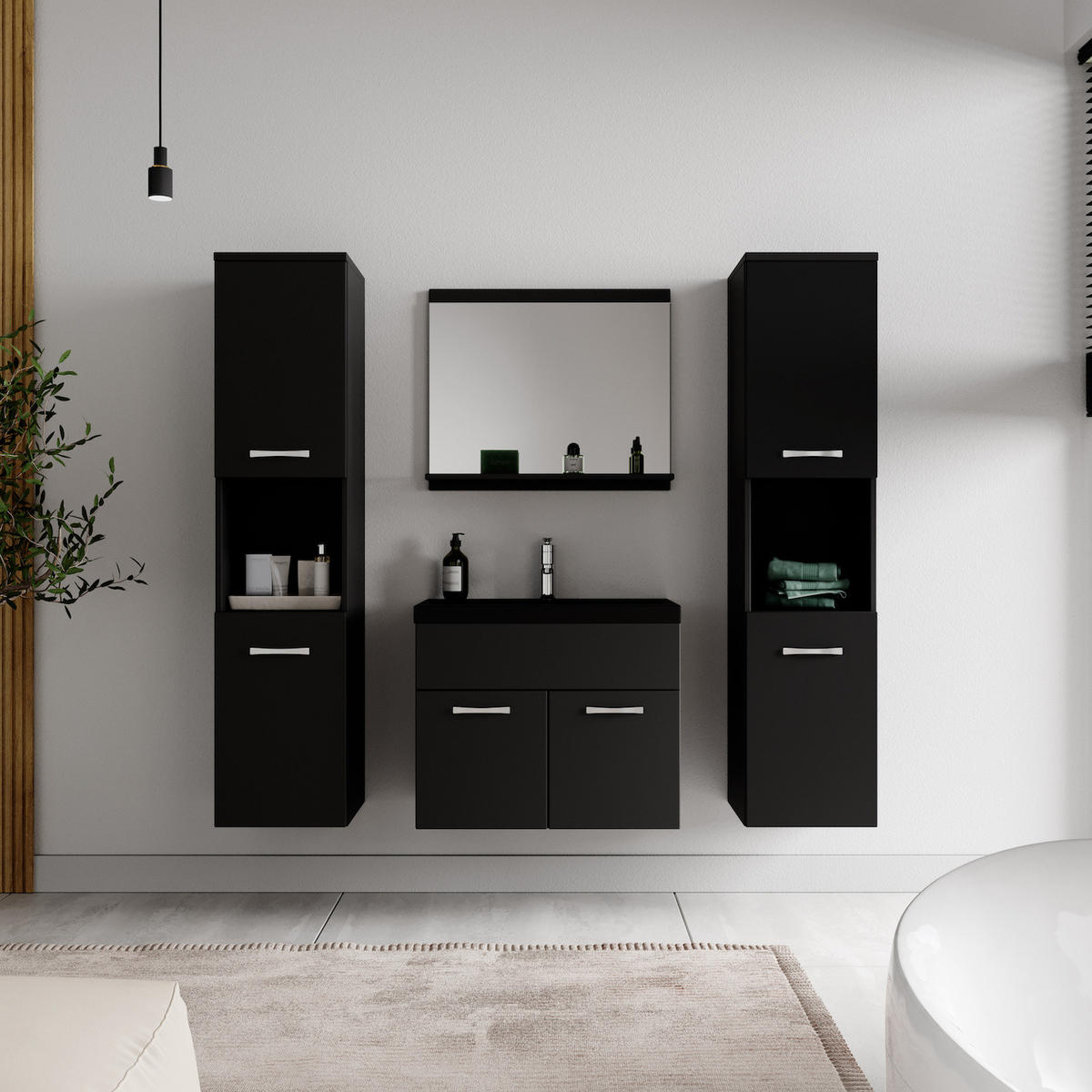 BADMÖBEL-SET Montreal 5 Teile Schwarz Matt - Schwarzes Waschbecken - 60 x 35 x 51 cm - Chromfarben/Schwarz, Holz/Metall (60/51/35cm) - Badplaats