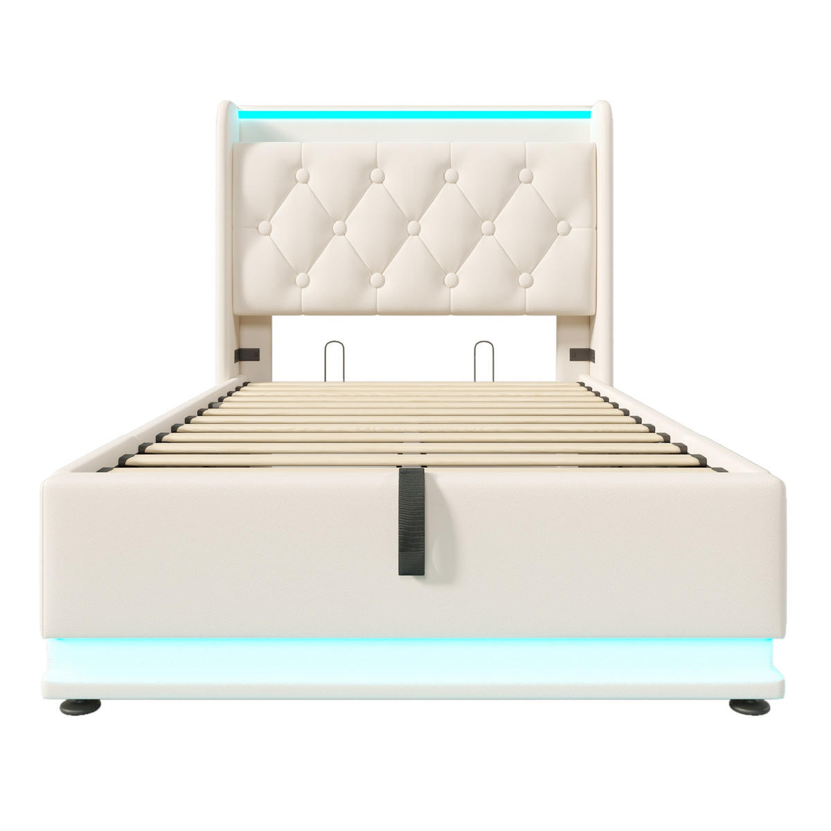 POLSTERBETT 90x200cm Einzelbett 360° LED USB-C Hydraulik Weiß PU - Weiß, Holz (90/200cm) - FLIEKS