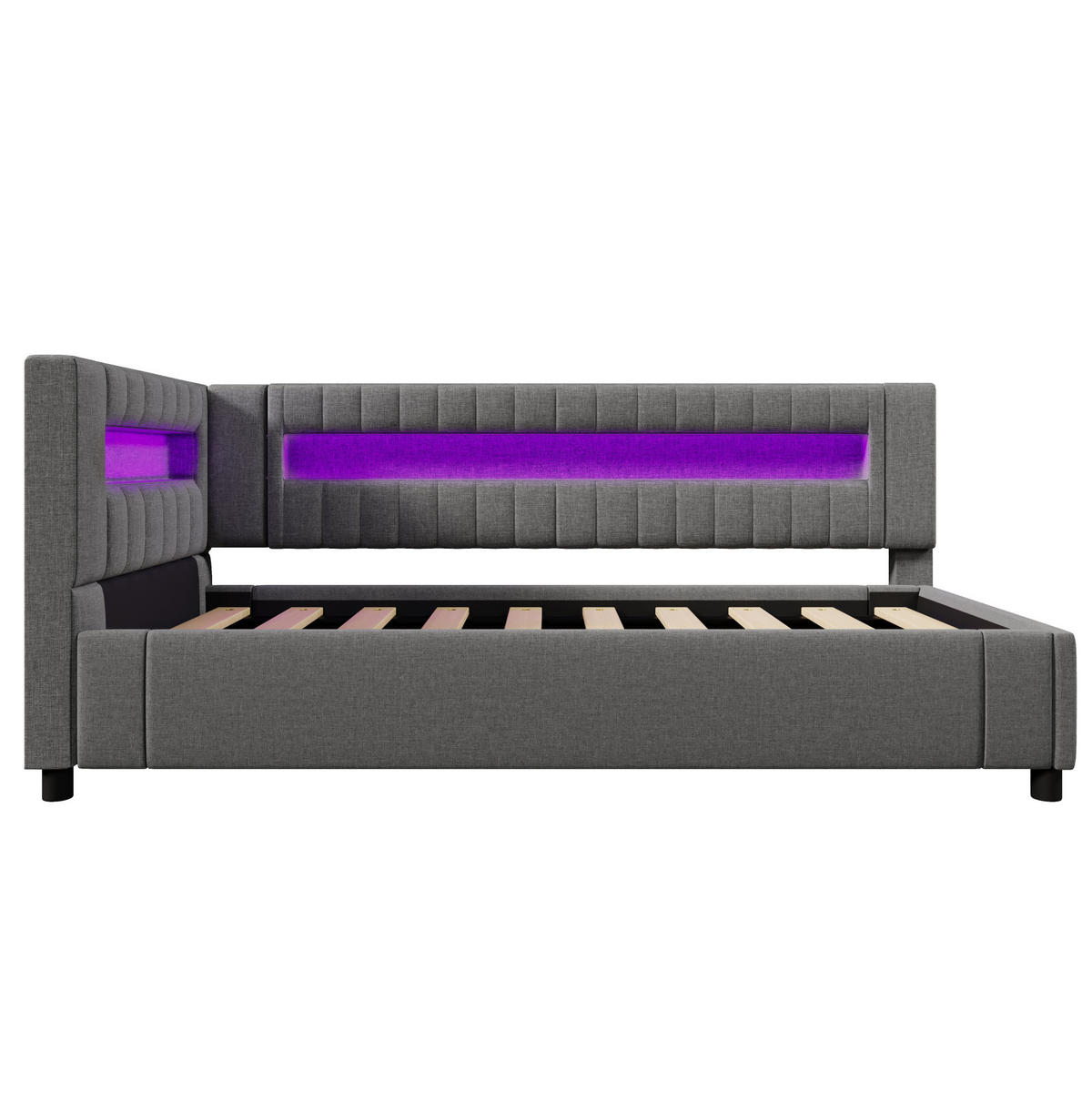 POLSTERBETT 90/200 cm Grau aus Leinen mit Stauraum, LED und USB-Anschlüssen - Grau, Textil (90/200cm) - Flora Grace