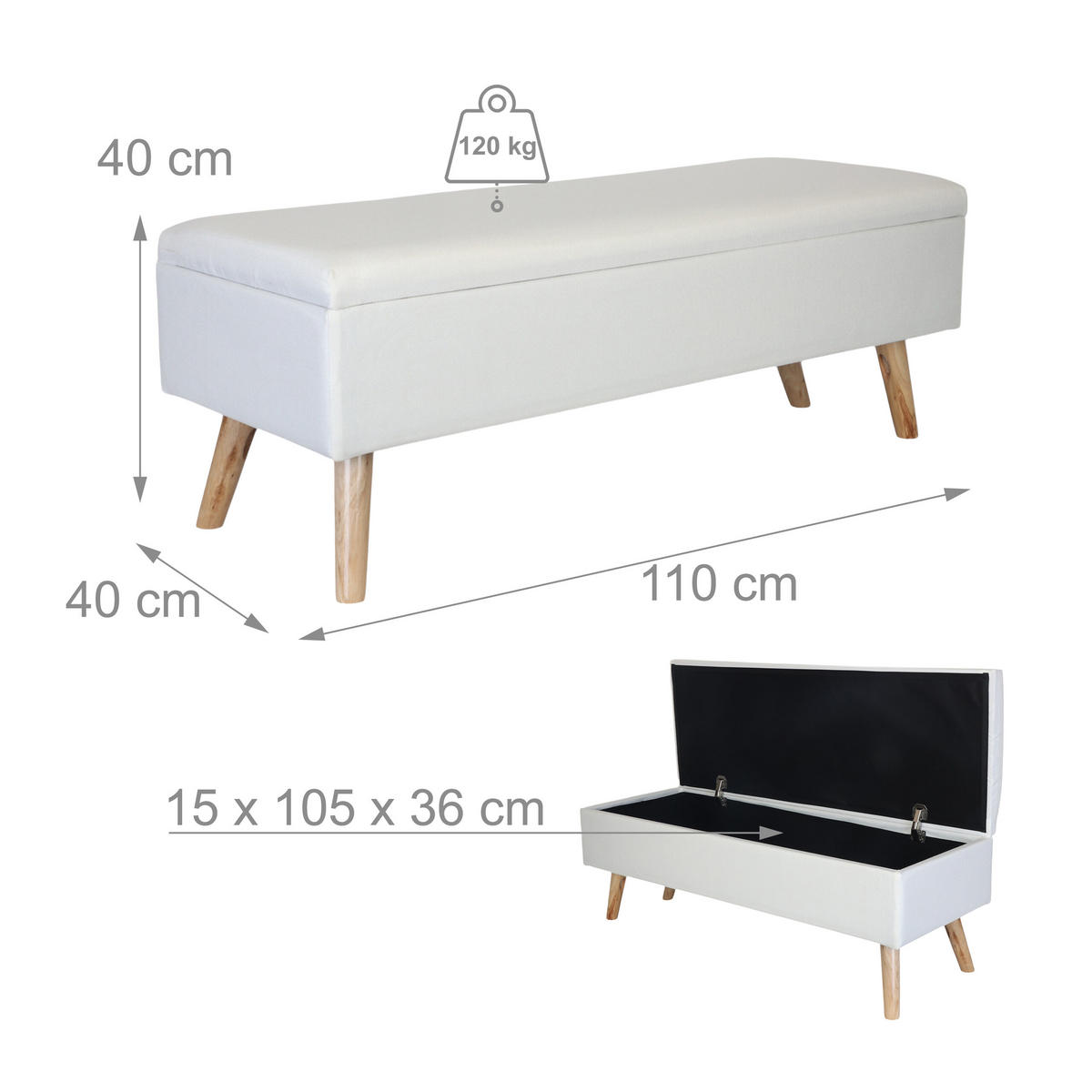 SITZBANK - Weiß/Naturfarben, Holz/Holzwerkstoff (110/40/40cm) - Relaxdays