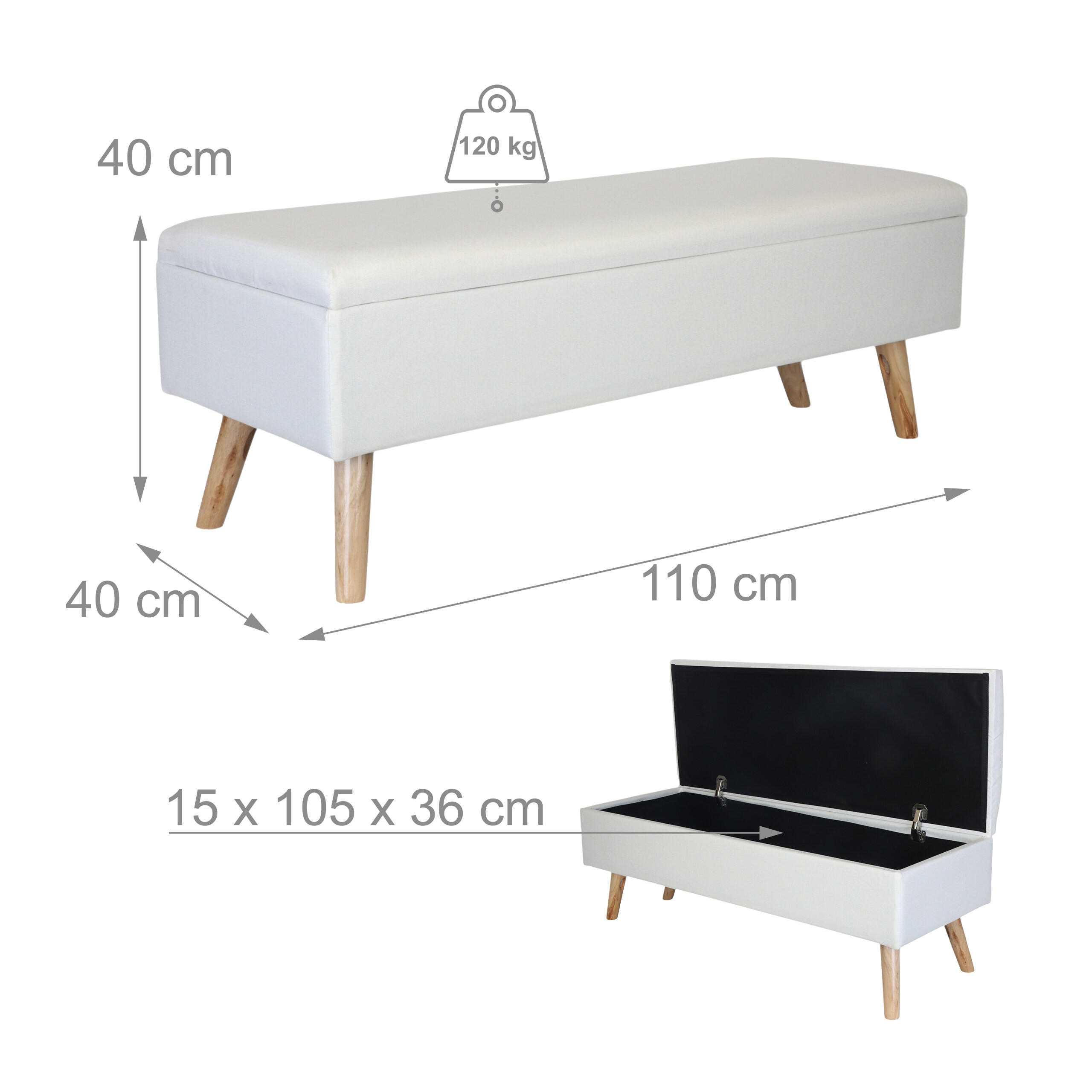 Thumbnail - Relaxdays Truhenbank, Weiß, Textil, 2-Sitzer, Rechteckig, 110x40x40 cm, Esszimmer, Bänke, Sitzbänke