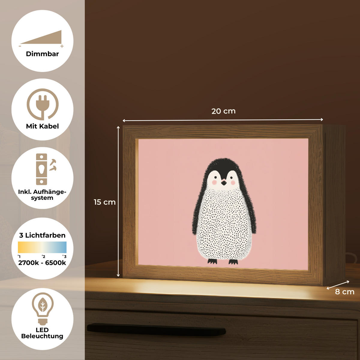 NACHTTISCHLAMPE Pinguin - Punkte - Minimalistisch - Rosa 20x15 cm - Rosa, Holzwerkstoff (8/20/15cm)