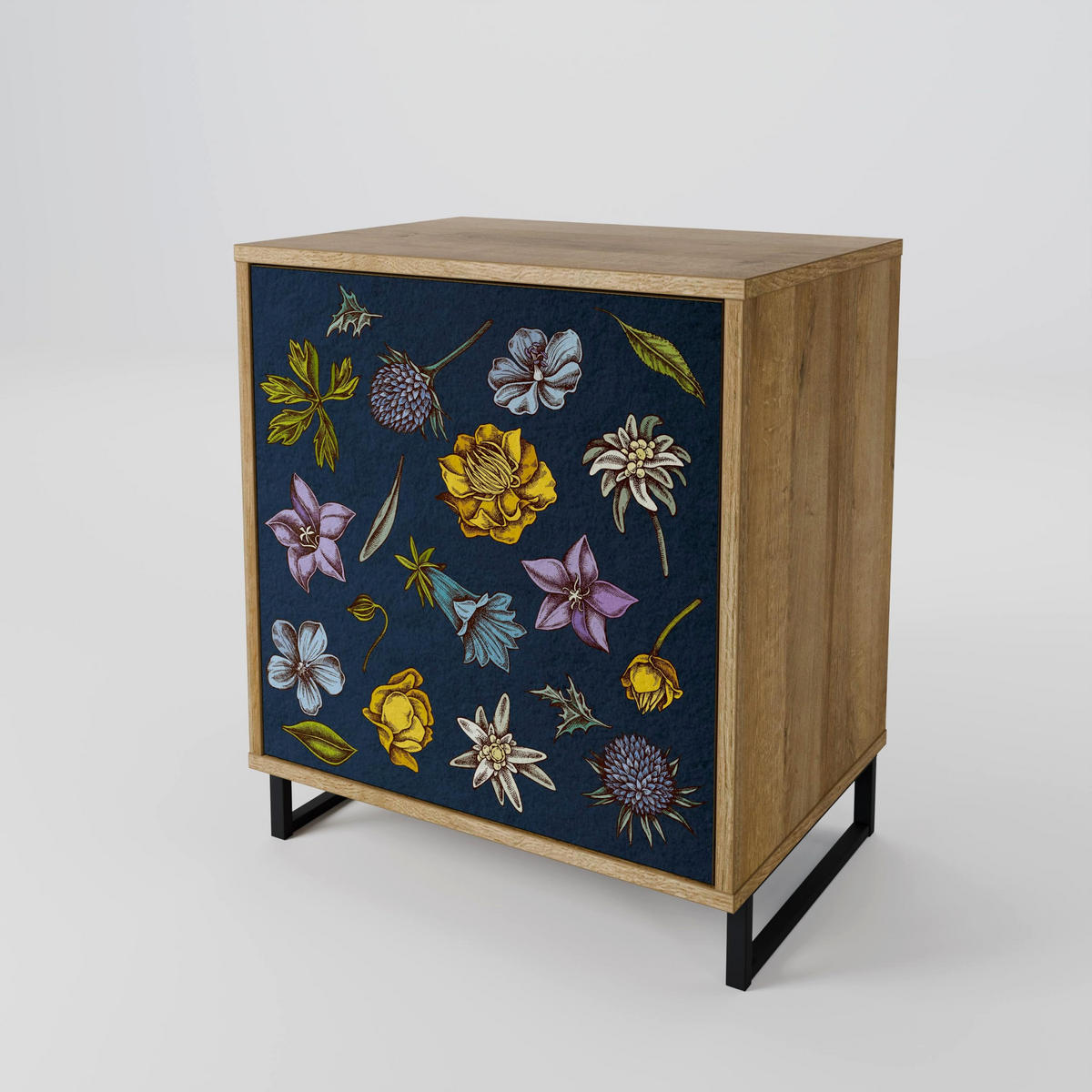 SIDEBOARD FLOWERS ON NAVY BLUE, Eichefarben, 57,5x42x70,5 cm, Schwarze Metall-Sternfüße - Eichefarben/Multicolor, Holzwerkstoff/Metall (57.5/70.5/42cm) - SpaceRebels
