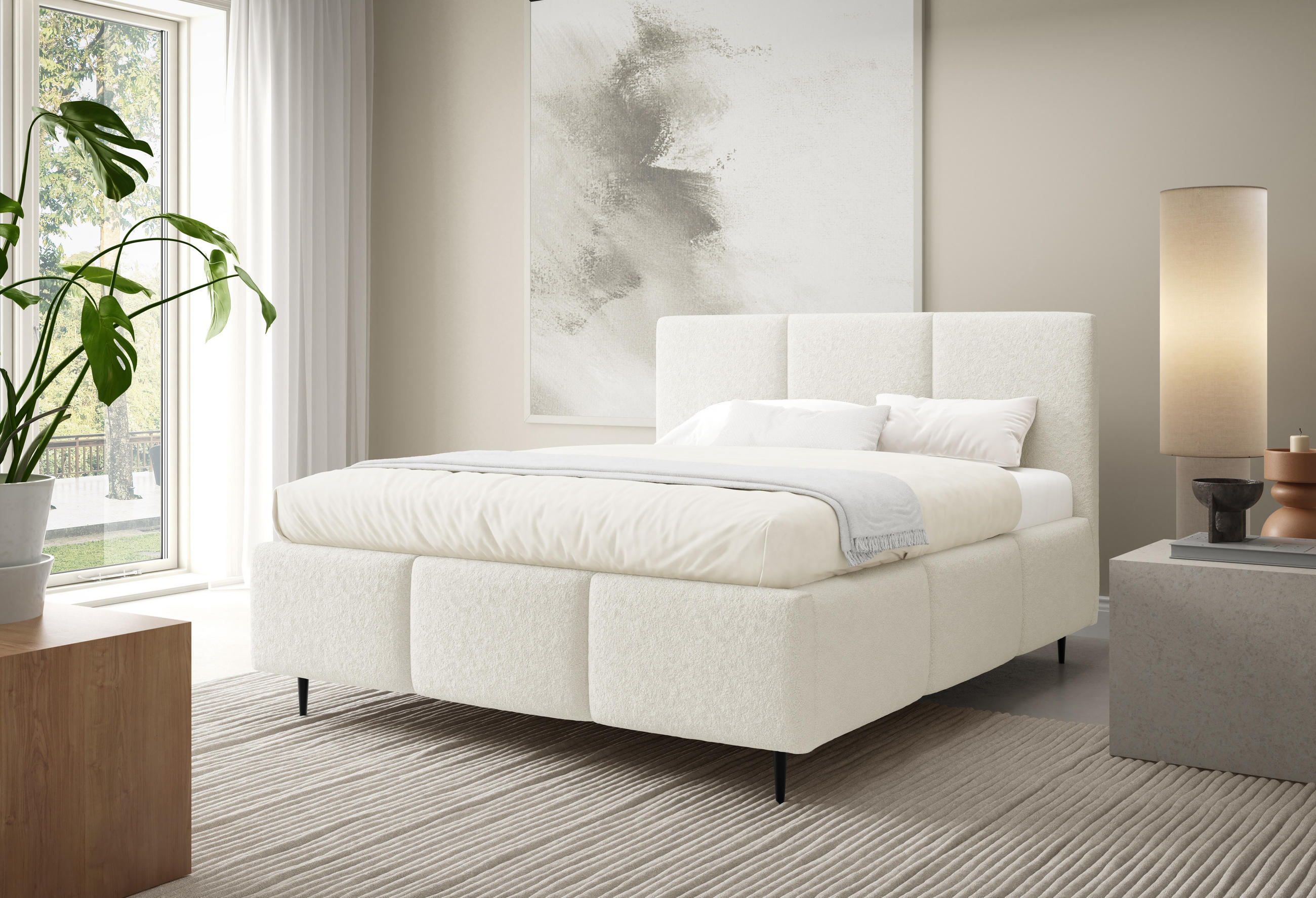 POLSTERBETT VALERIO mit Beinen mit Bettkasten, Bett 180x200,Doppelbett,Lattenrost,Boxspringbett-Optik,ohne Matratze,Schlafzimmer-Creme - Creme, Holz (180/200cm) - Furnistar