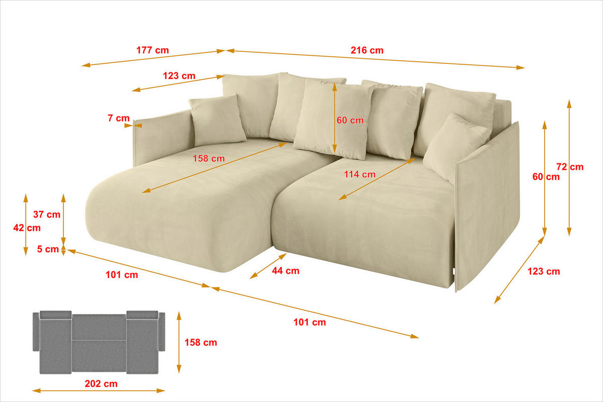 ECKSOFA Ottomane links ONESK-L 216x177x72 Beige Velours - Taupe/Beige, Holzwerkstoff/Kunststoff (216/177cm) - ALTDECOR