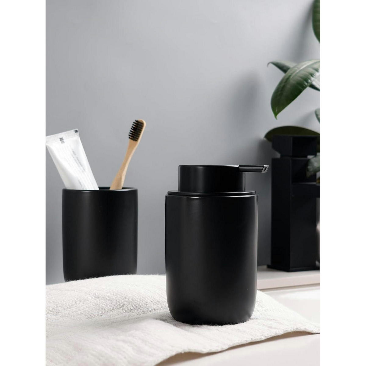 SEIFENSPENDER mit Zahnbürstenhalter Keramik Schwarz 350ml - Schwarz, Keramik (8/14/8cm)