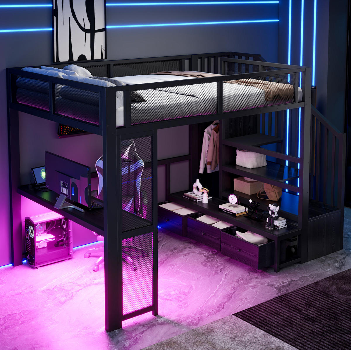 HOCHBETT aus Metall und MDF 140x200 cm Schwarz mit Schreibtisch, Stauraumtreppe, USB und LED - Schwarz, Holzwerkstoff (140/200cm) - IVMEU