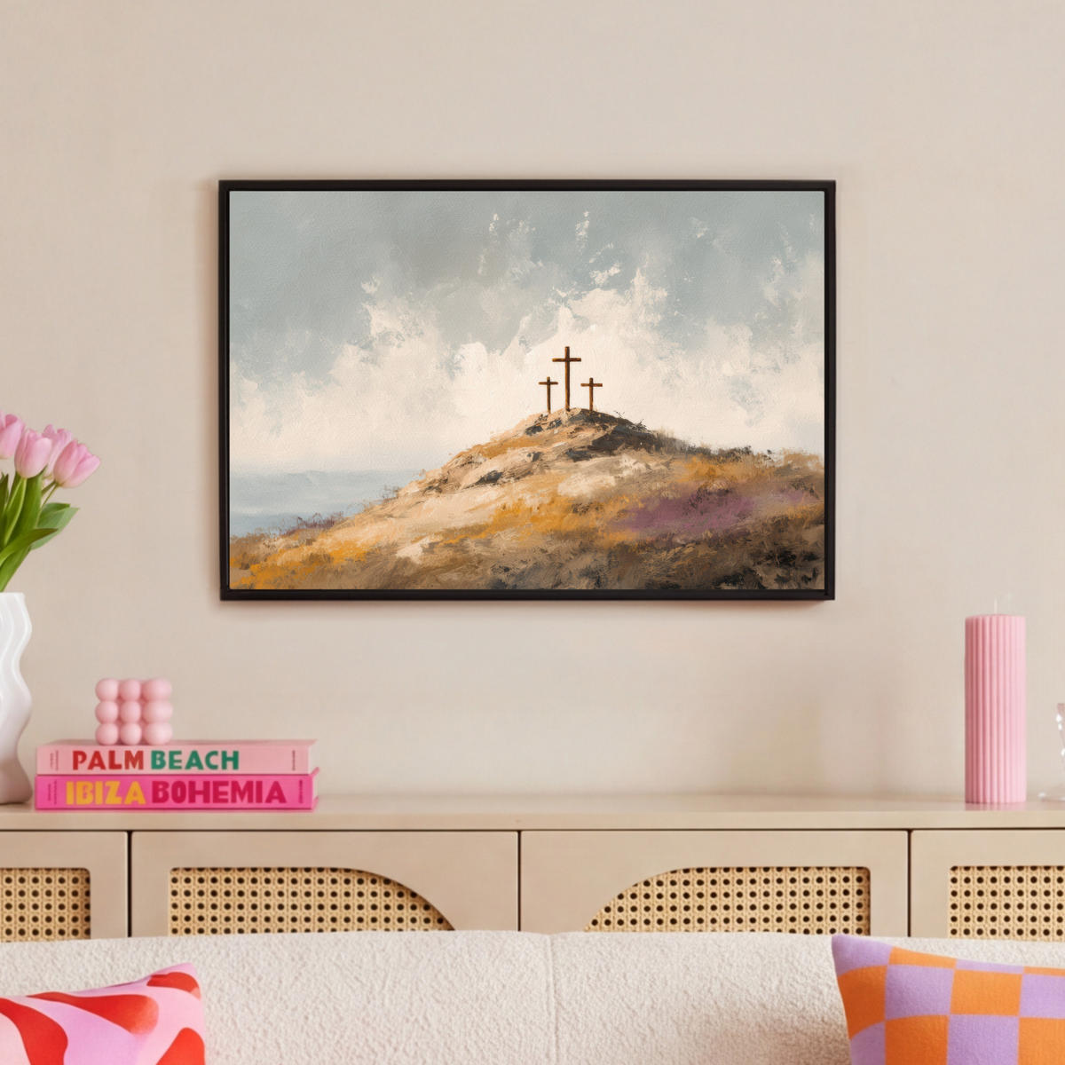 LEINWAND Bilder mit Rahmen - Hügel - Abstrakt - Christentum - Kreuz - 60x40 - Hellgrau, Textil (60/40cm) - MuchoWow