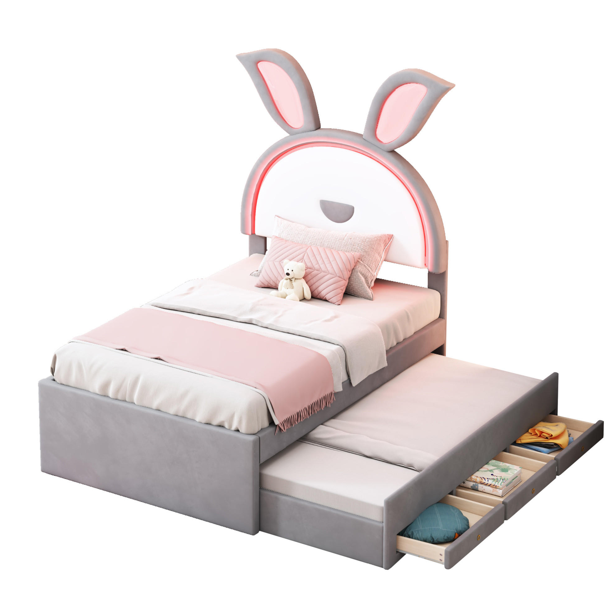 KINDERBETT 90/200 cm mit Ausziehbett, 3 Schubladen, LED-Beleuchtung und Samtbezug, Grau - Grau, Textil (90/200cm) - Redom