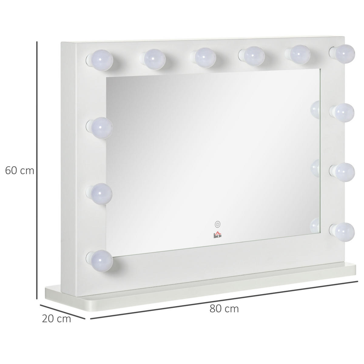 HOLLYWOOD Spiegel 80 x 60 cm Schminkspiegel mit LED-Beleuchtung, Touchschalter - Weiß, Metall (80/60/20cm) - HOMCOM