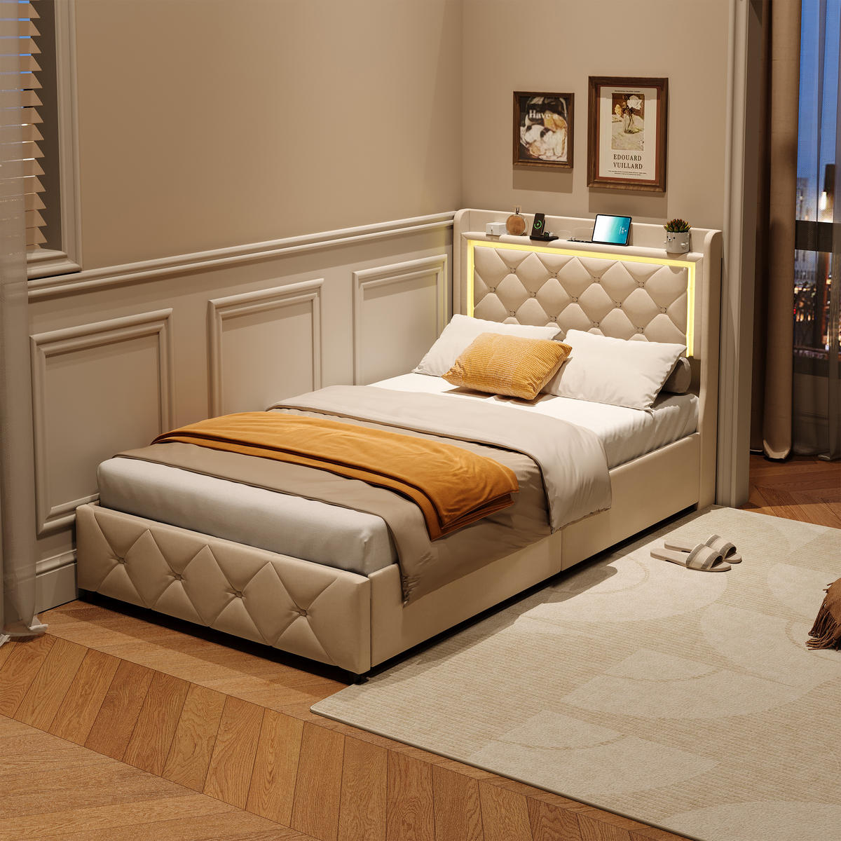 POLSTERBETT 90x200 cm, Einzelbett mit 2 Schubladen, LED & USB/Type-C, Flauschstoff in Beige - Beige, Holz (90/200cm) - BRILVERDE