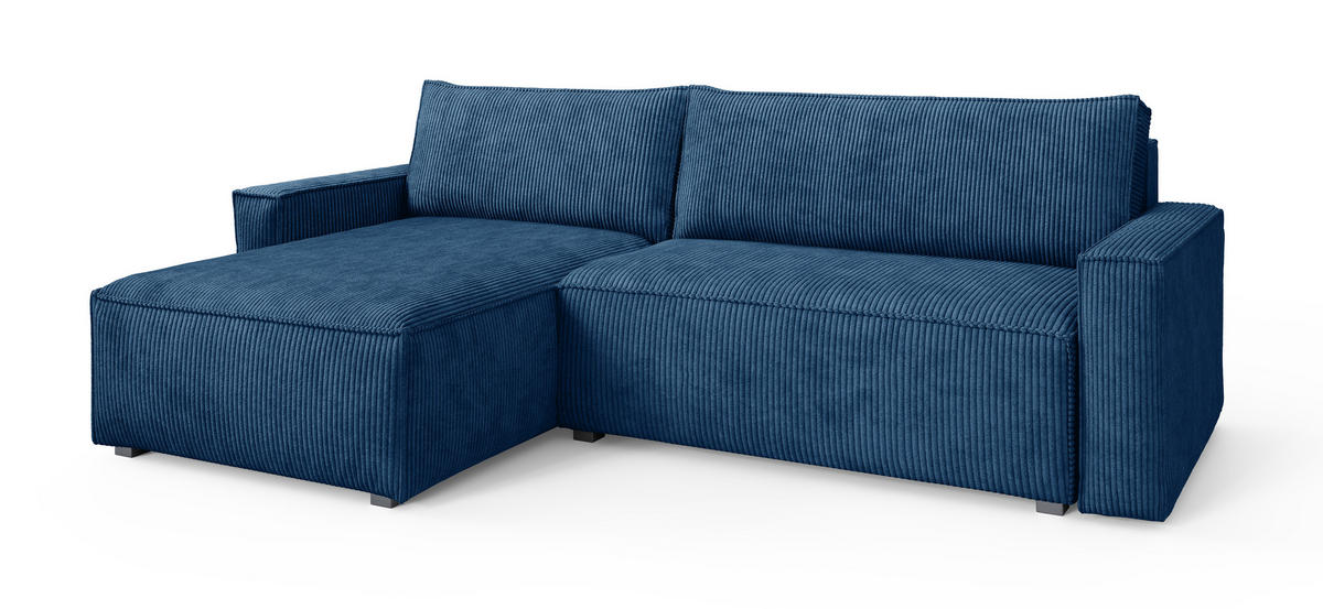 ECKSOFA BESMIR Blau Kordstoff mit Schlaffunktion - Blau, Holz (275/148cm) - MASSENO