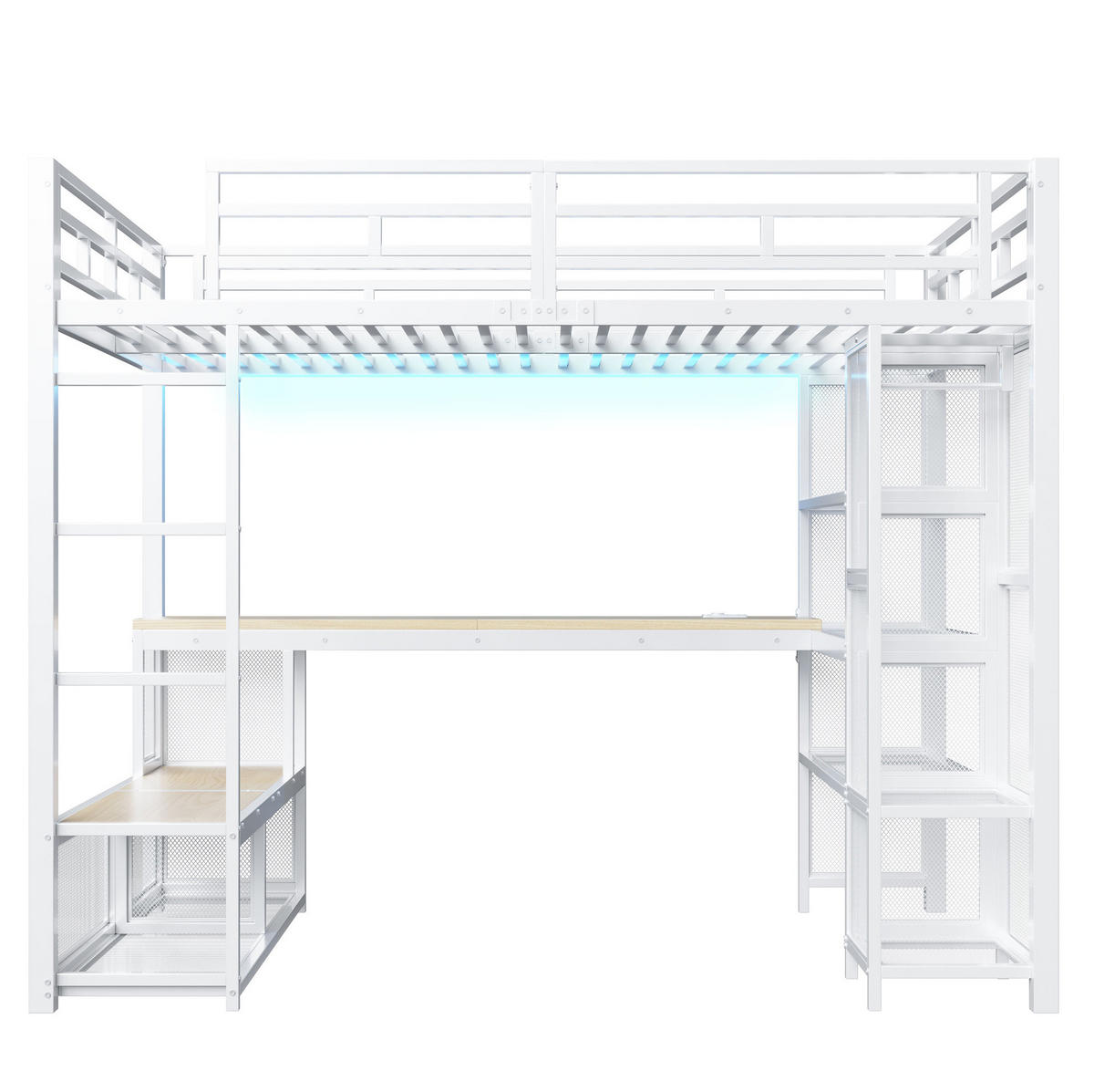 HOCHBETT 140/200 cm aus Metall und MDF mit Schreibtisch, offenem Kleiderschrank, USB und LED-Beleuchtung, Weiß - Weiß, Holzwerkstoff (140/200cm) - Redom