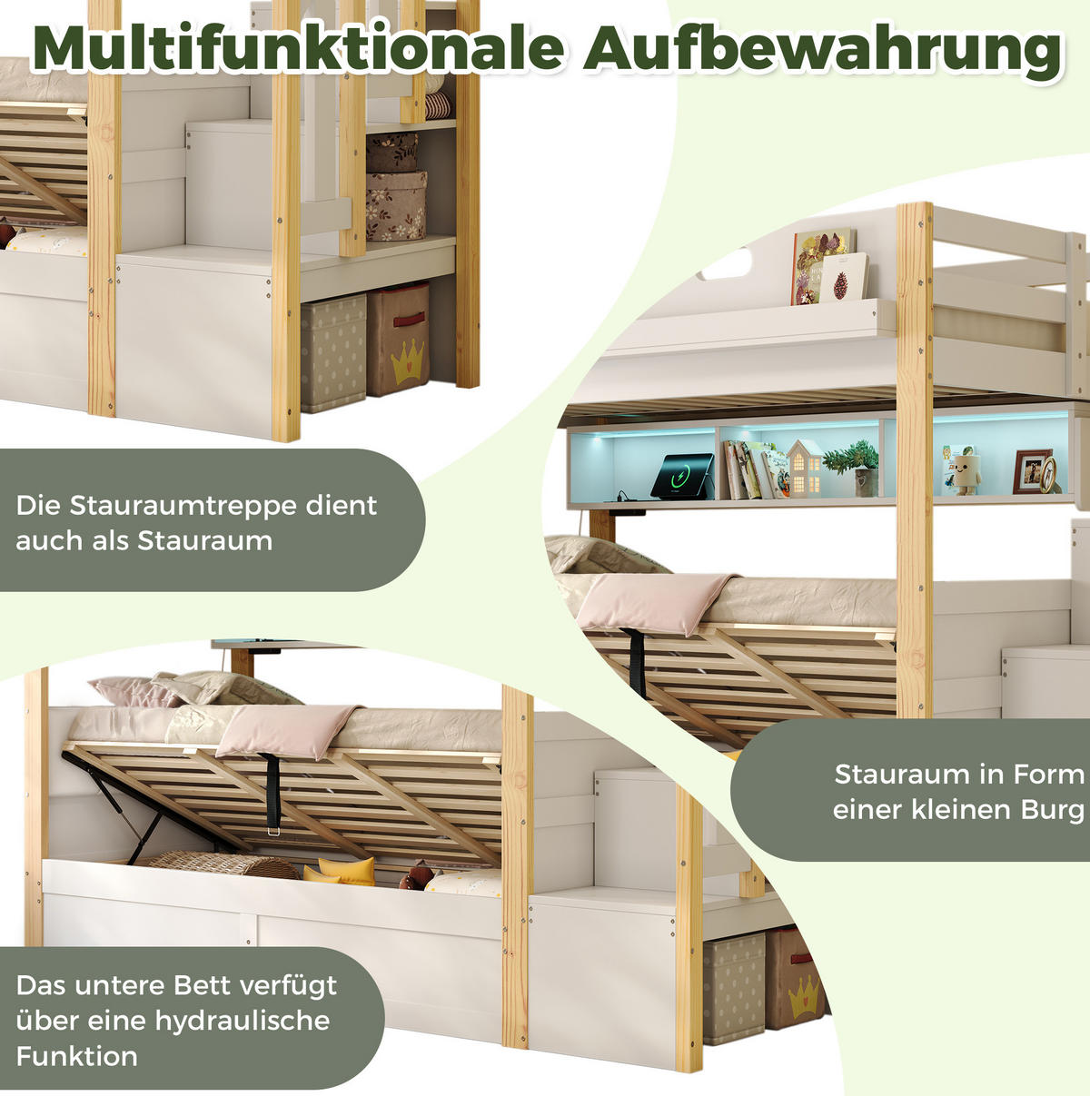 ETAGENBETT 90/200+90/200 cm in Weiß mit Stauraumtreppe und LED-Beleuchtung - Weiß, Holz (90/200cm) - Flora Grace