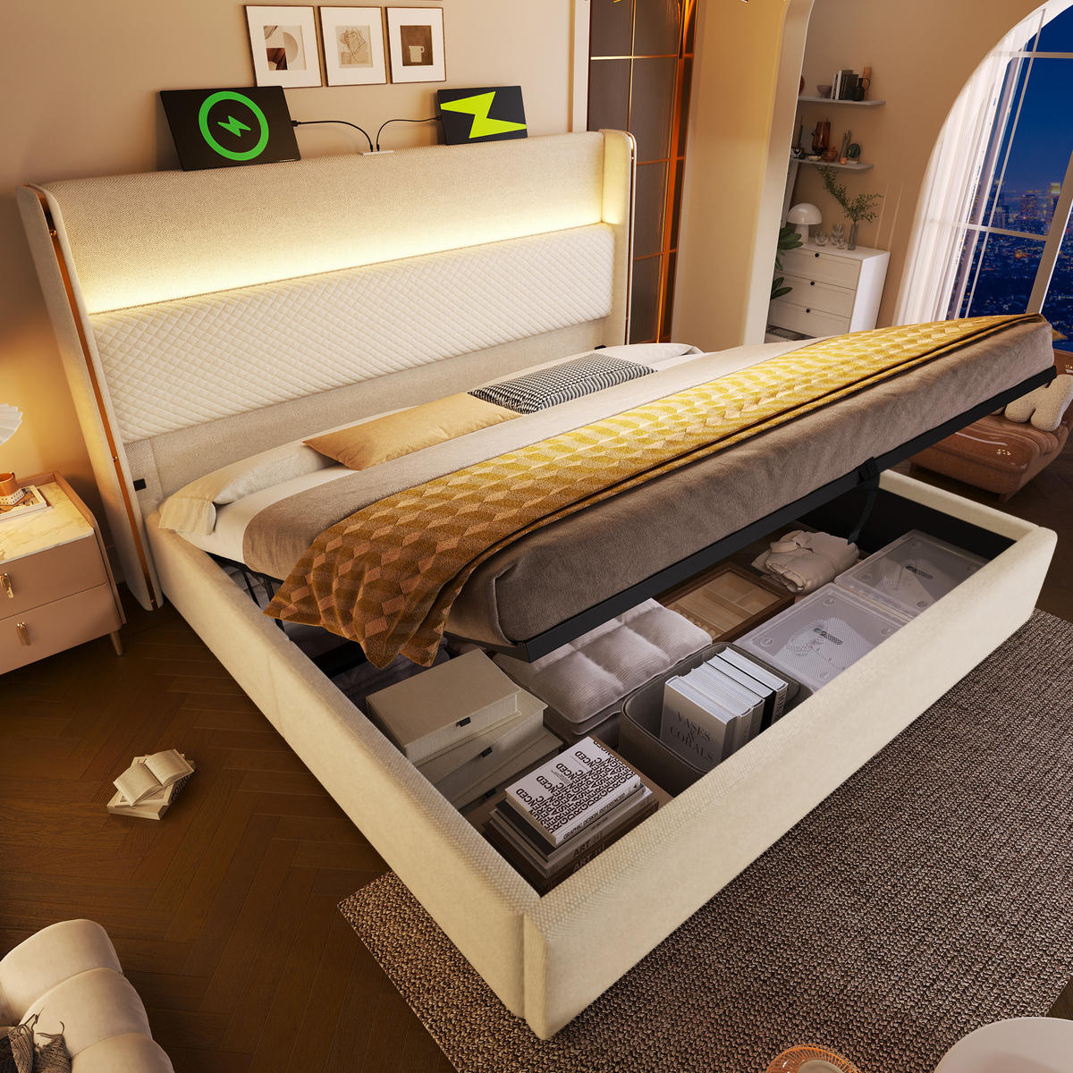 POLSTERBETT 140/200 cm Beige mit hydraulischem Stauraum und LED-Beleuchtung - Beige, Textil (140/200cm) - OKWISH