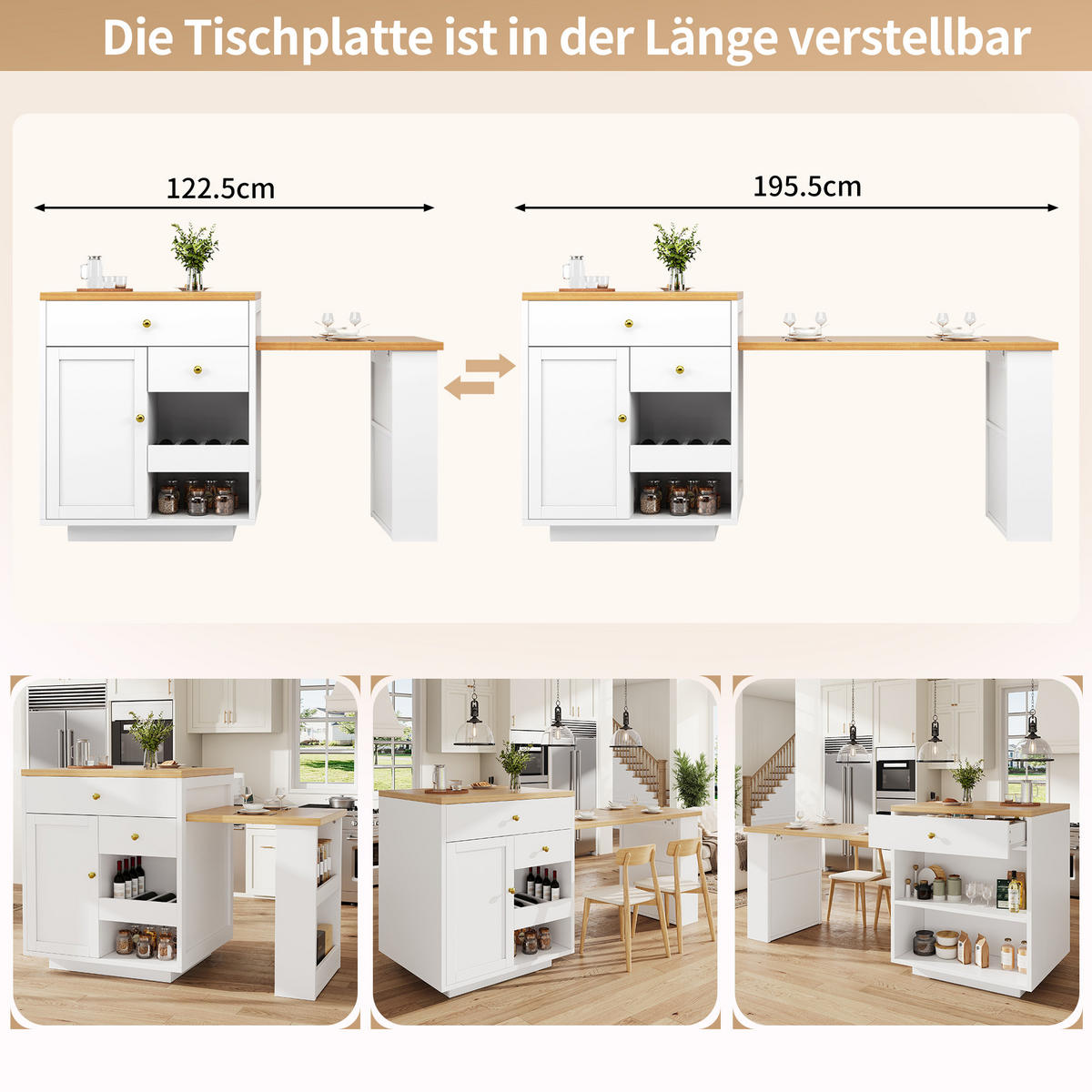 KÜCHENINSEL Ausziehbar 122 195cm Tischplatte Weiß - Weiß, Holzwerkstoff (122.5/93.8/70cm) - FLIEKS
