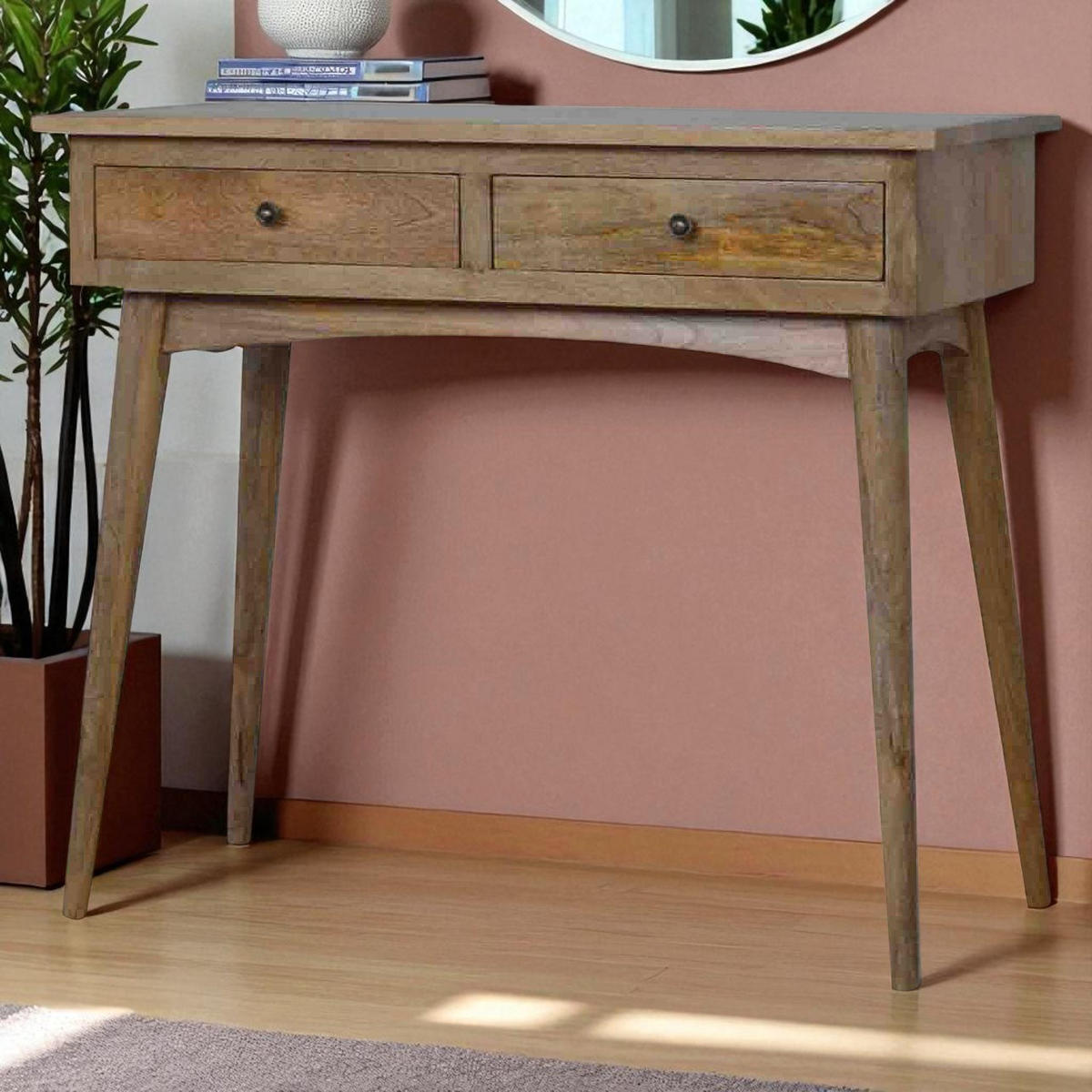 KONSOLENTISCH Für den Flur, 2 Schubladen, Nordische Beine, Braun - Beige/Messingfarben, Holz/Metall (40/90/78cm) - Artisan Furniture
