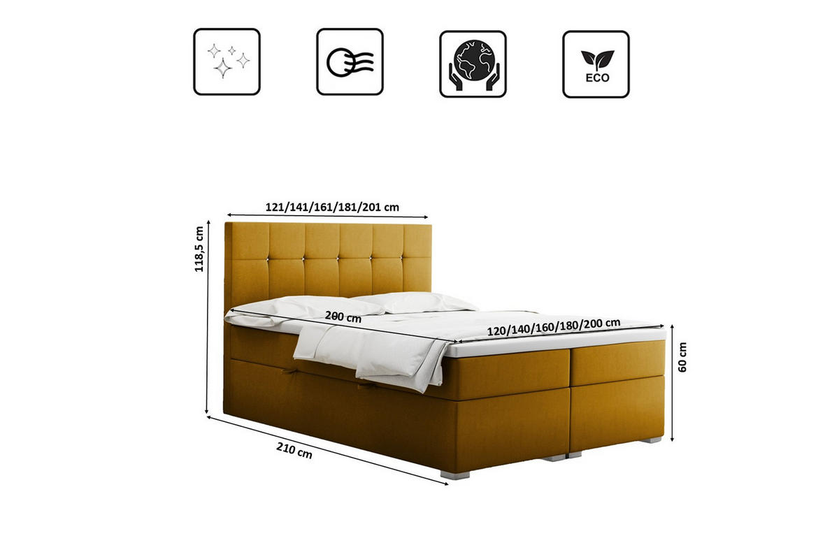 BOXBETT Mit Matratze Und Bettkasten LINDT Stoff Velvet 120x200 cm Gelb H2-Pocket - Gelb, Holz/Holzwerkstoff (120/200cm) - Kaiser Möbel