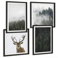 BILDER SET 4er Set - 50x50 cm & 40x60 cm Schwarzer Rahmen - Grüne Wälder, neblige Landschaft - Schwarz, Kunststoff (50/50cm) - TULUP