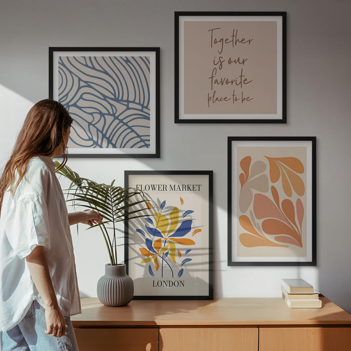 WANDBILDER 4er-Set - 50x50 cm & 40x60 cm Schwarzer Rahmen - Moderne abstrakte Blumen - Schwarz, Kunststoff (50/50cm) - ArtPrintCave