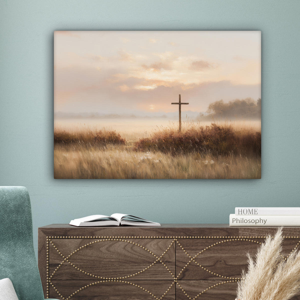 LEINWANDBILD Gras - Morgennebel - Kreuz - Christentum Wandbilder 80x60 cm - Beige, Textil (80/60cm) - MuchoWow