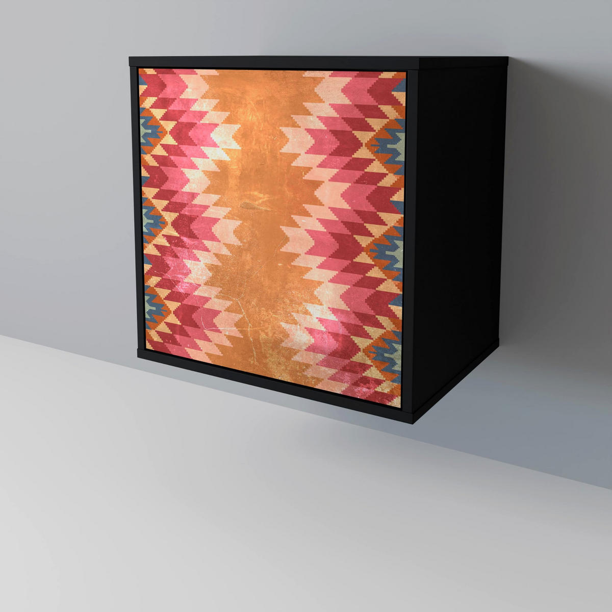 SIDEBOARD INDIAN FOLK, Schwarz, 57,5x42x72,5 cm, Schwarze Metallfüße - Multicolor/Schwarz, Holzwerkstoff/Metall (57.5/72.5/42cm) - SpaceRebels