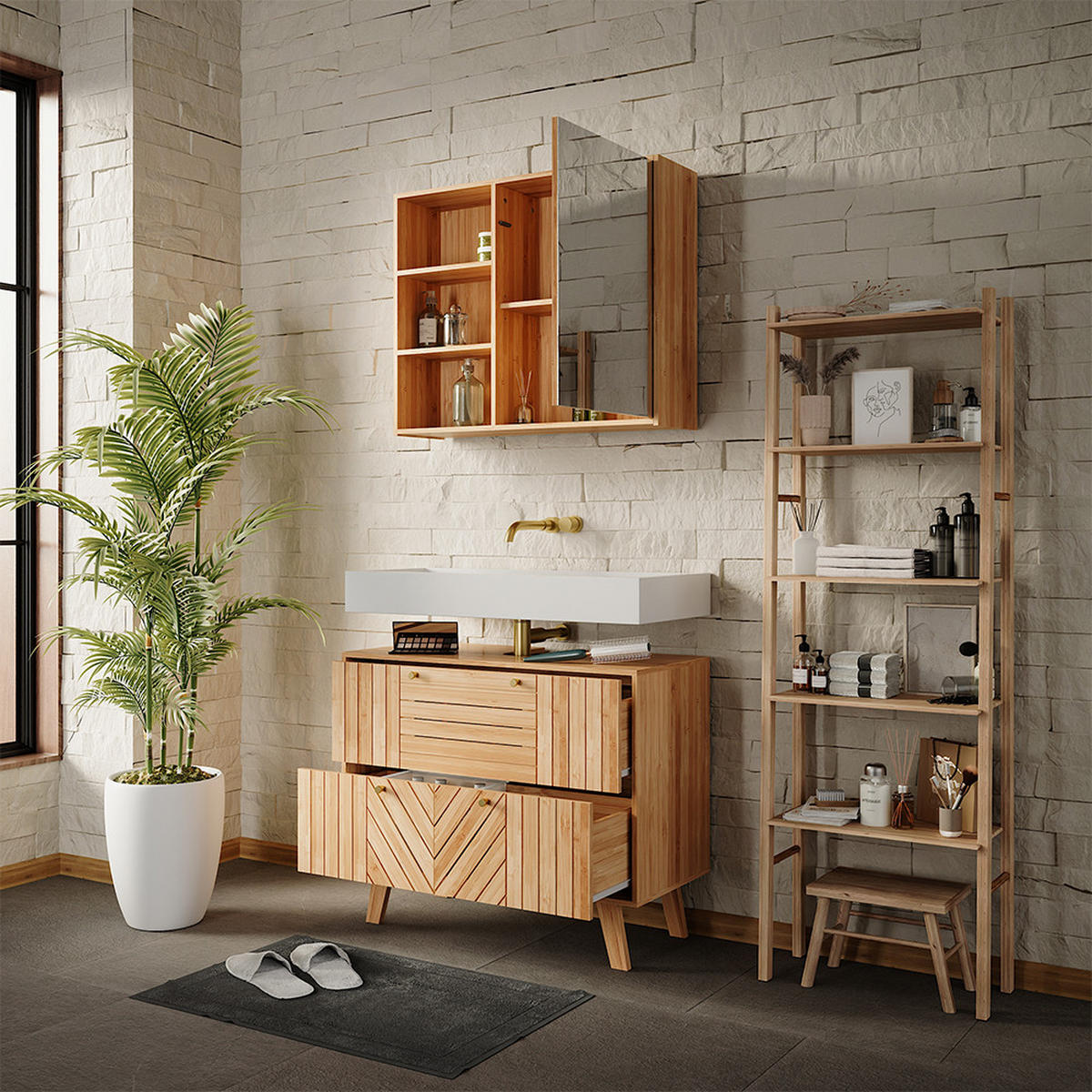 BADMÖBEL-SET Lucie Bambus 2 Teile - Grün, Holzwerkstoff (80/65/36cm) - Vicco