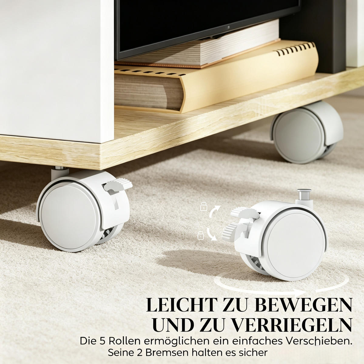 TV-SCHRANK 120/40/38,5 cm Weiß/Natur mit Rollen, Hängend/Stehend - Weiß, Holzwerkstoff (120/38.5/40cm) - Oxeza