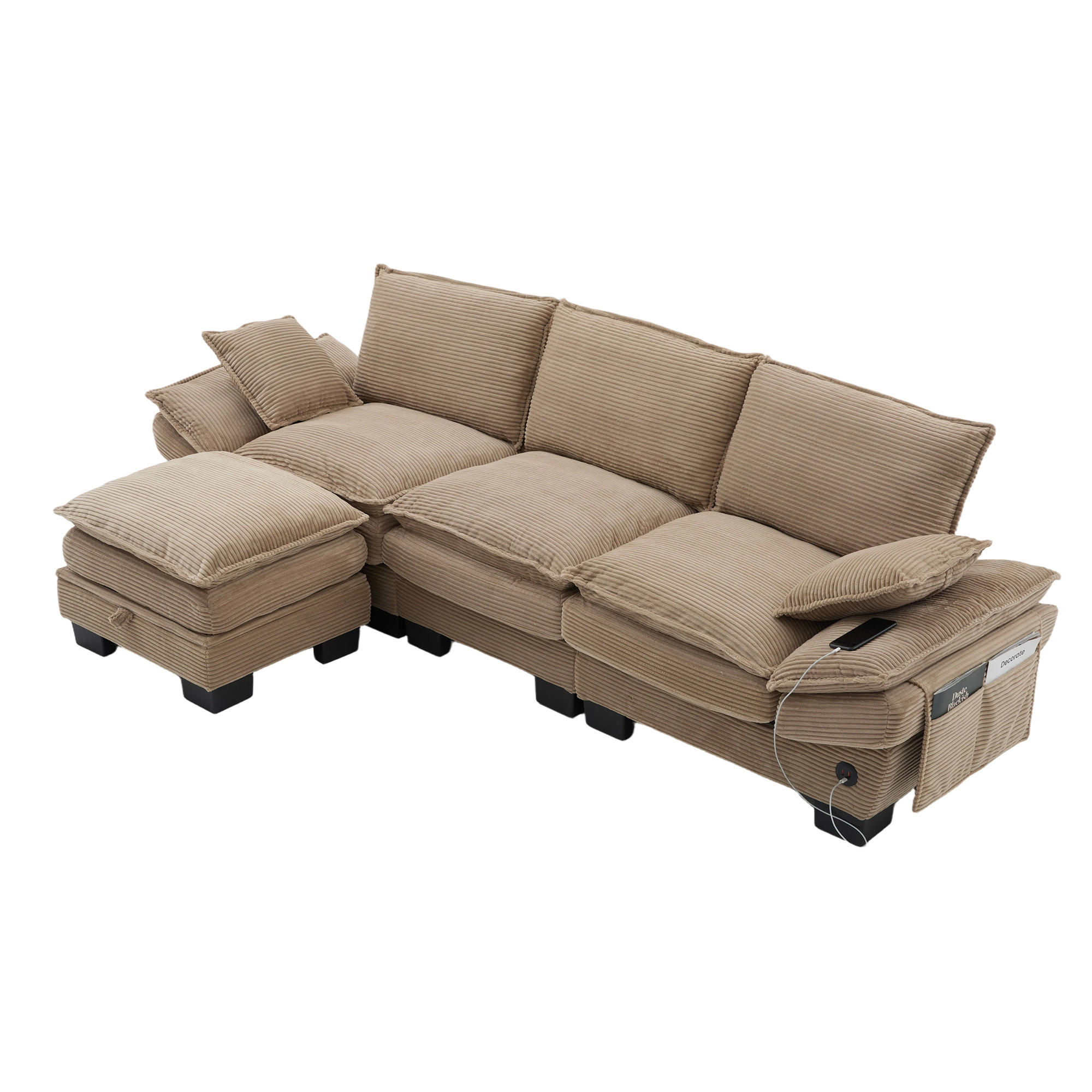 3-SITZER Sofa aus Cord 260x132x84 cm mit Hocker & USB-C-Anschluss, beige - Beige, Textil (132/84/260cm)
