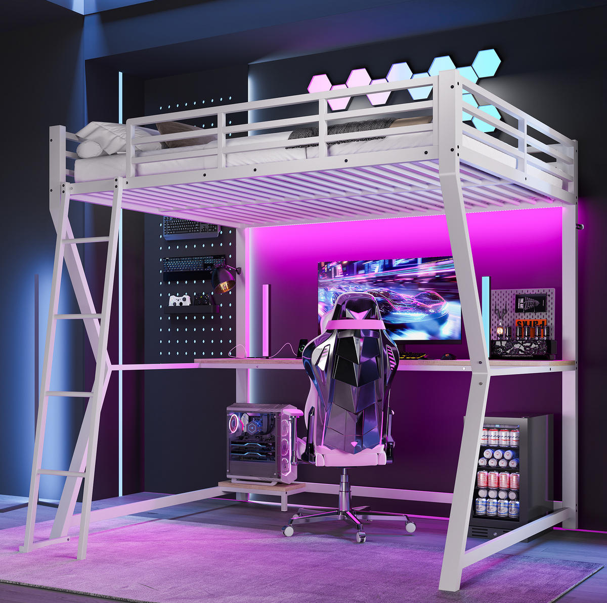 HOCHBETT 140/200 cm mit LED-Beleuchtung, Schreibtisch, Steckdose, USB und Treppe aus Metall und MDF, Weiß - Weiß, Metall (140/200cm) - Redom