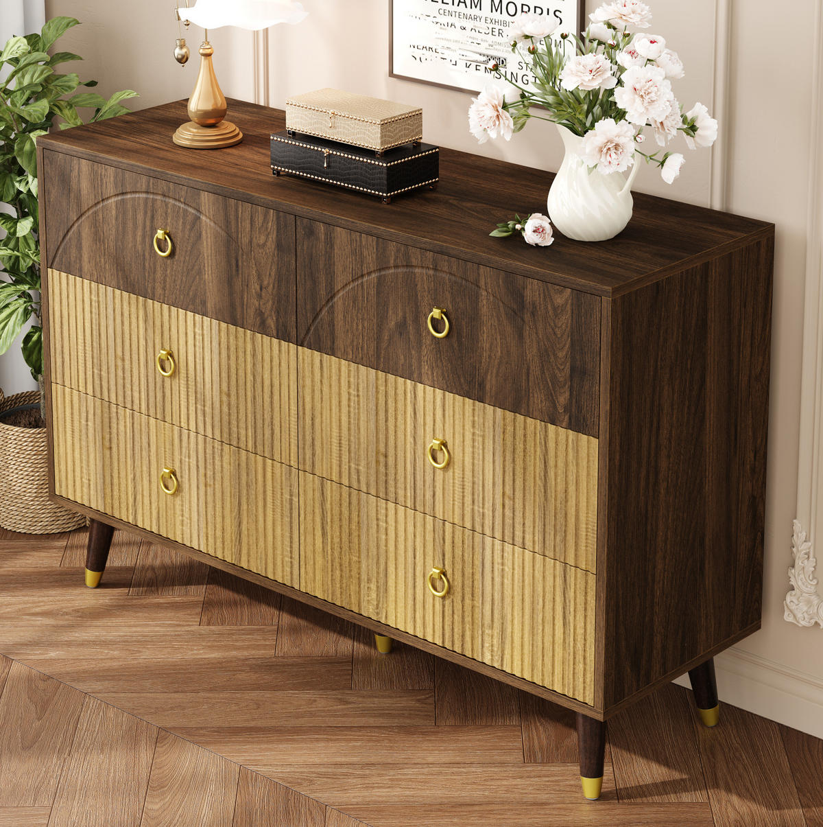 KOMODA 120/40/81 cm s 6 predali, dvobarvnim retro videzom in MDF konstrukcijo, Naravna - naravne barve, leseni material (120/81/40cm) - Redom