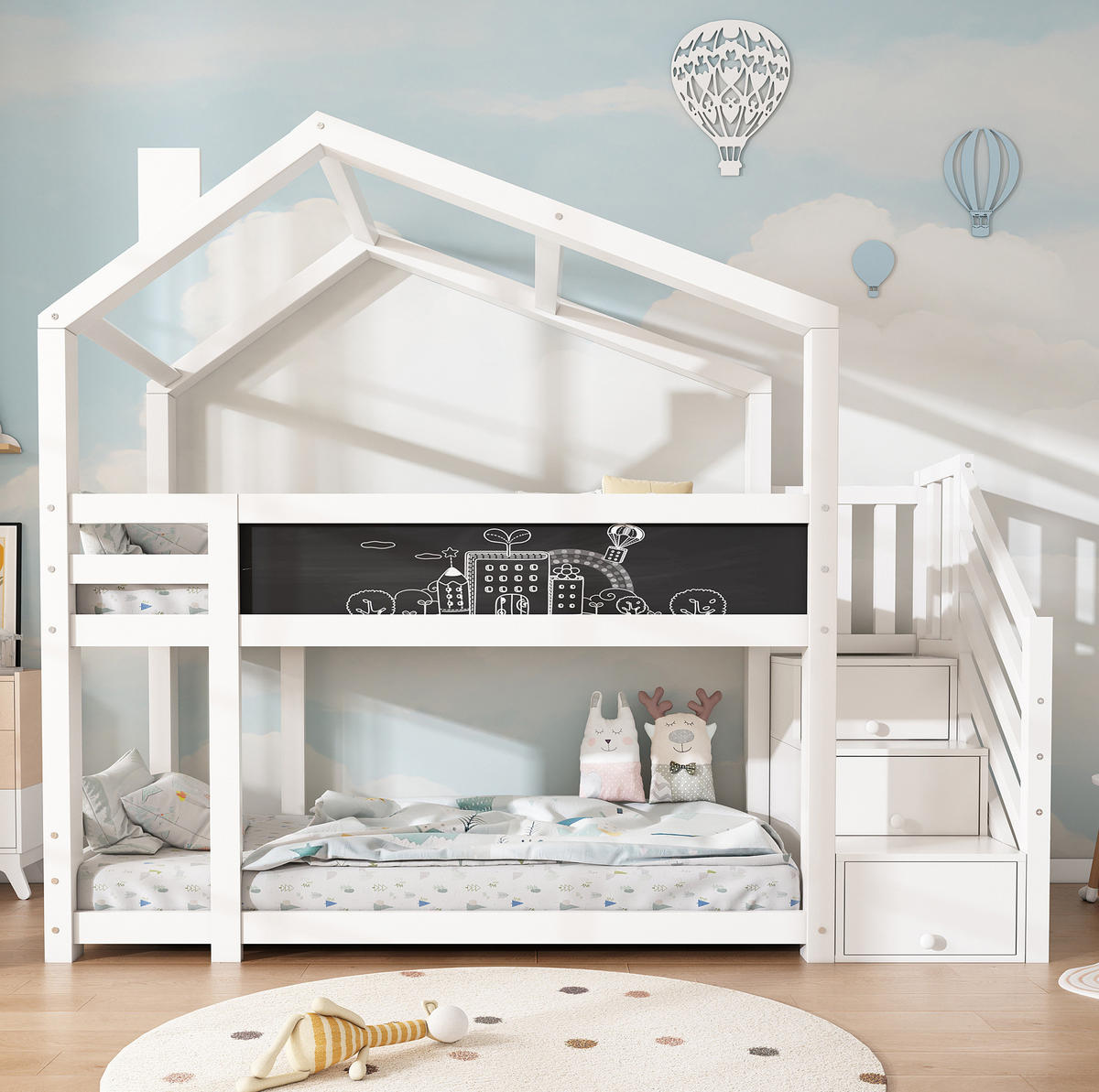 POSCHODOVÁ posteľ 90/200 cm biela s tabuľou a úložnými schodmi z masívneho dreva a MDF - biela, kompozitné drevo (90/200cm) - OKWISH