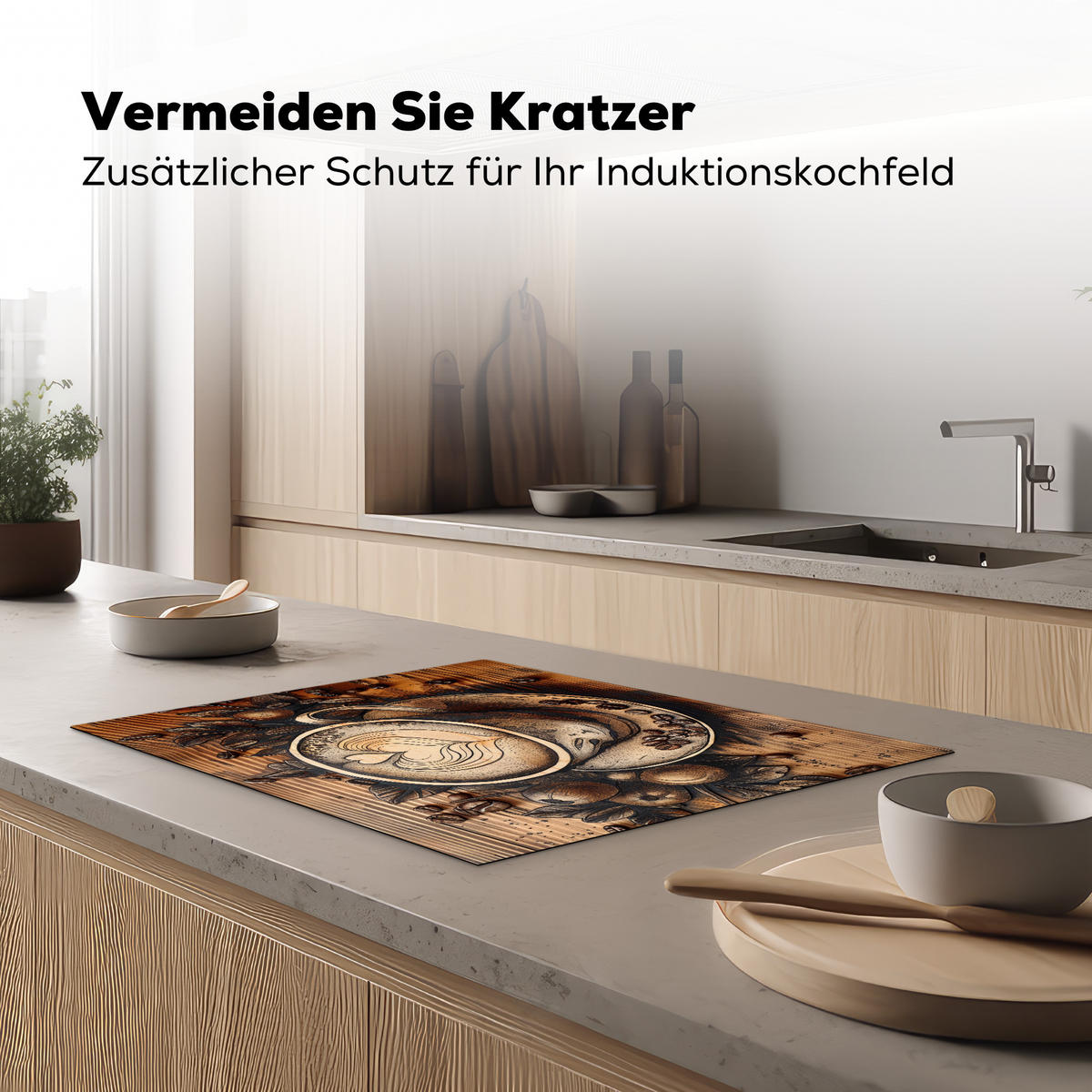 HERDABDECKPLATTE Kaffee - Vintage - Braun - Tasse - Holz Herdabdeckung Induktionsfeld 70x52 cm - Cappuccino, Kunststoff (70/52/0.2cm) - MuchoWow