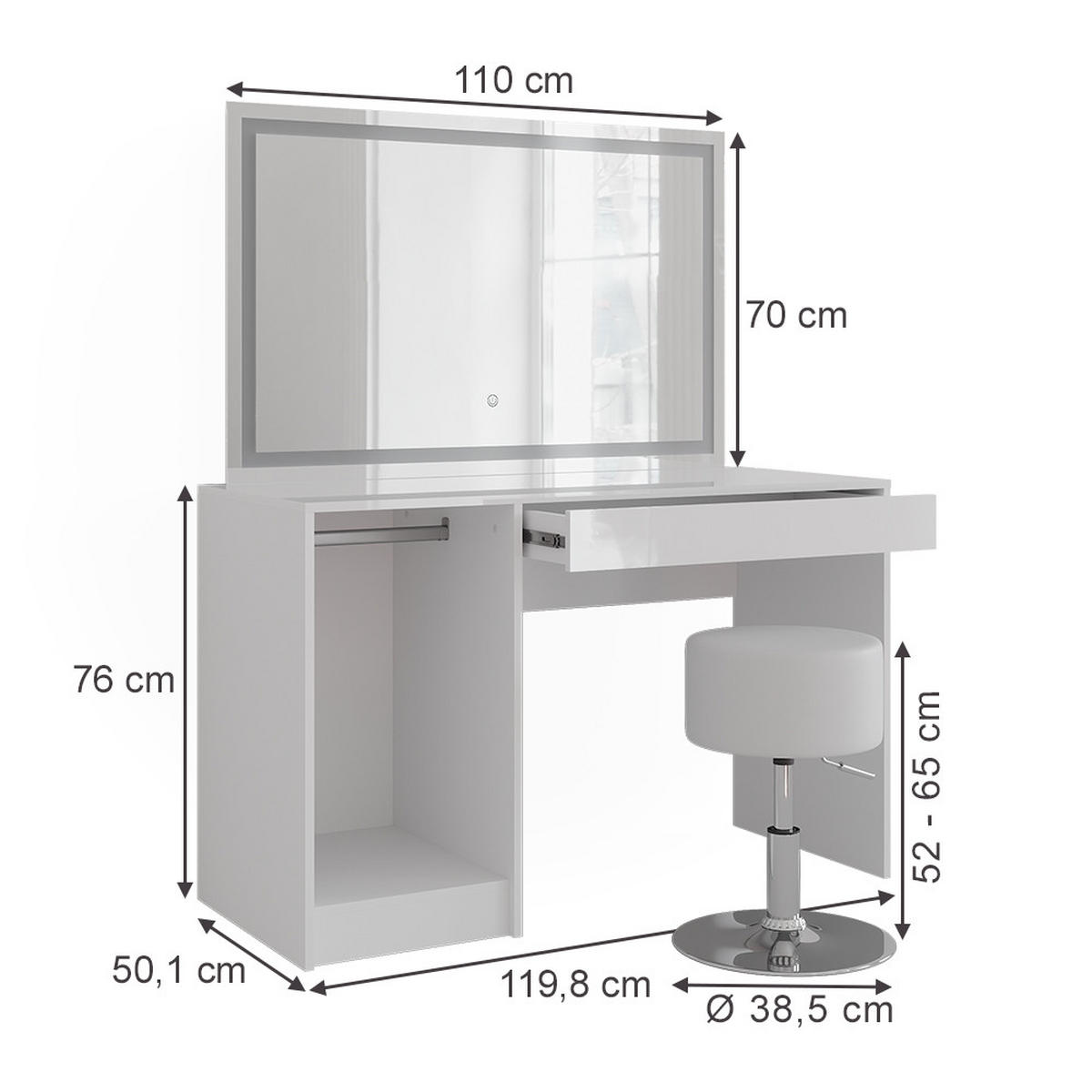 SCHMINKTISCH Sherry Weiß/Weiß Hochglanz 119.8 cm mit LED-Beleuchtung und Hocker - Weiß Hochglanz, Holzwerkstoff (119.8/76/50.1cm) - Vicco