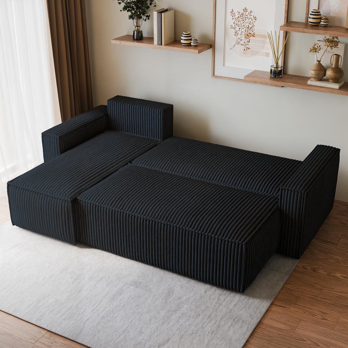 ECKSOFA RAVELO T Schwarz Kordstoff mit Schlaffunktion - Schwarz, Holz (240/140cm) - MASSENO