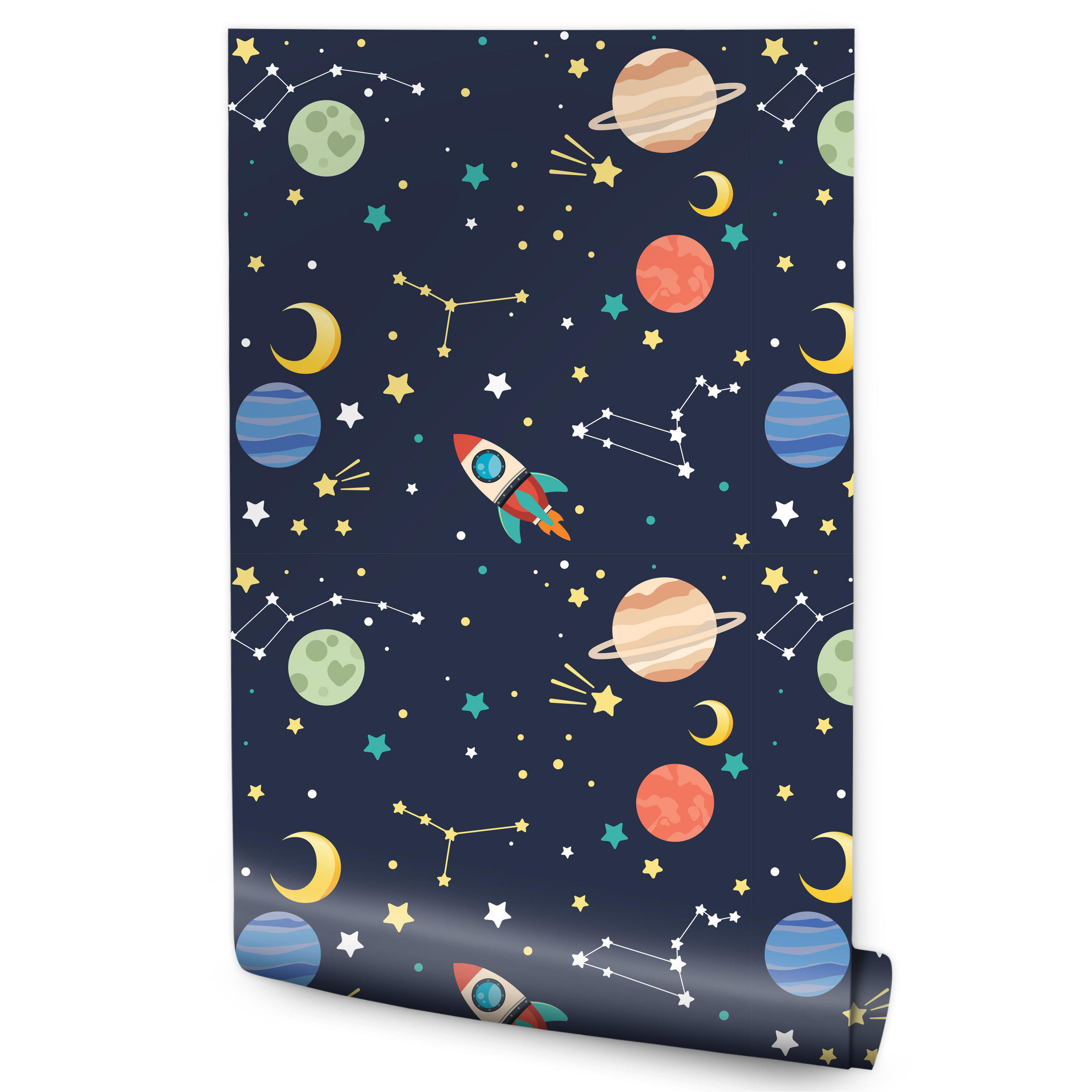 VLIESTAPETE Weltraum, Planeten und Raketen – Dunkelblau, Bunt – 50x1000 cm - Multicolor/Dunkelblau, Papier (50/1000cm) - Muralo