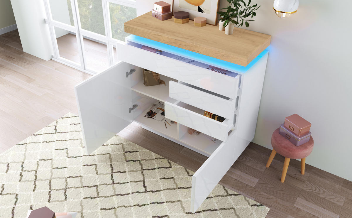 KOMMODE, Hochglanz, 3 Schubladen & 2 Türen, LED-App-Steuerung, 110x39x115 cm, Weiß - Weiß, Holzwerkstoff (39/115/110cm) - Modfu