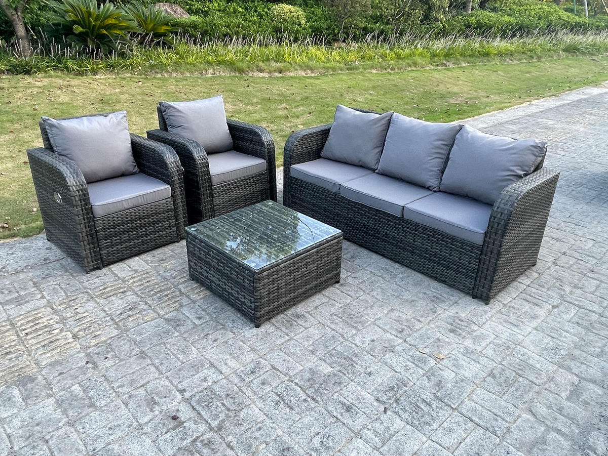 GARTENMÖBEL SET MIT LIEGESTUHL Polyrattan 5-Sitzer - Dunkelgrau/Grau, Glas/Kunststoff - Fimous