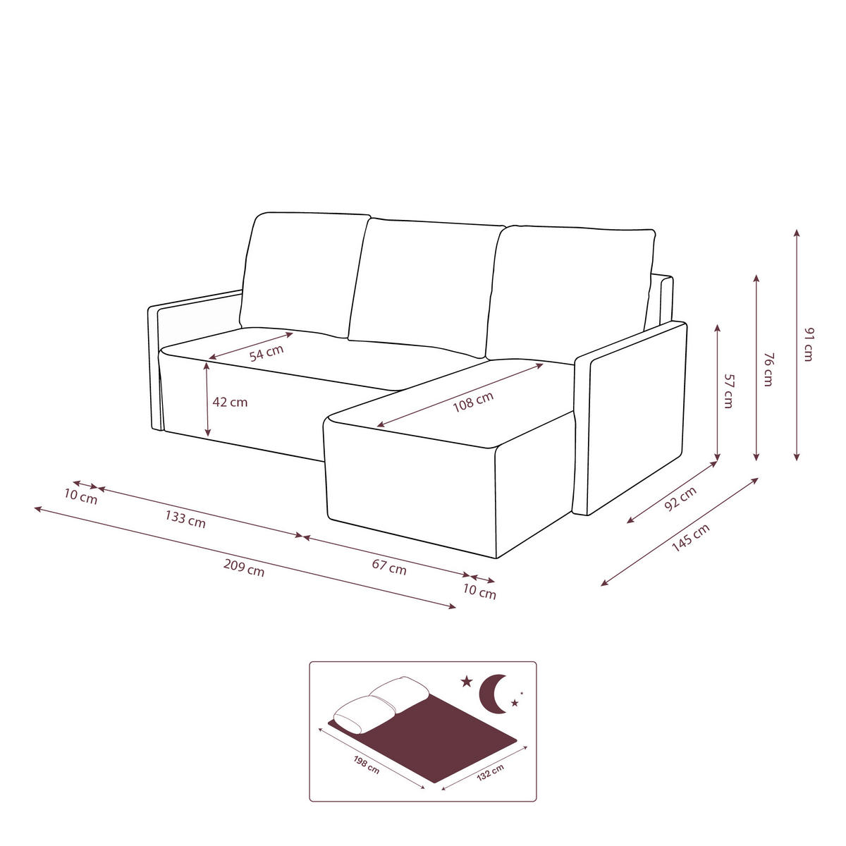 ECKSOFA GARDA L Links mit Schlaffunktion 132x198 Cord Hellbraun - Hellbraun/Schwarz, Holz/Kunststoff (209/145cm) - Muffo