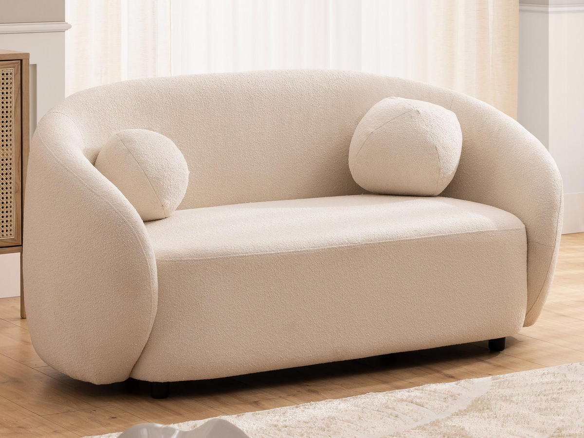 SITZGARNITUR 2+1 Roundi Cremeweiß Bouclé - Creme/Schwarz, Holz/Kunststoff (150/76/80cm) - S-Style Möbel