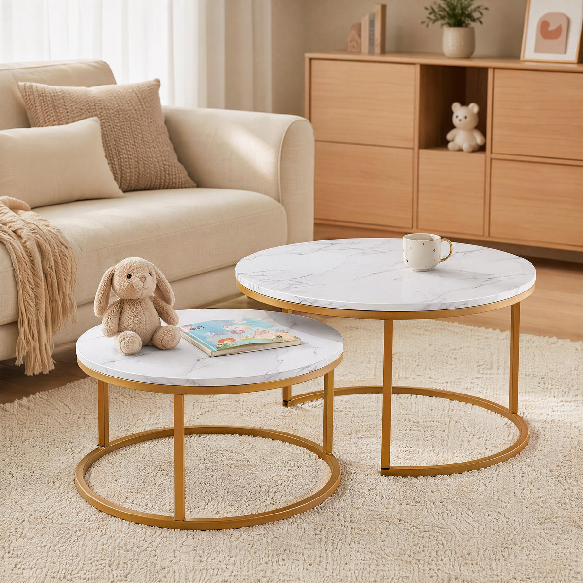 COUCHTISCH 2-TEILIGES SET Rund Weiß Marmoroptik Gold Metall Tisch - Weiß, Metall (80/33/45cm) - SHOPENTRA