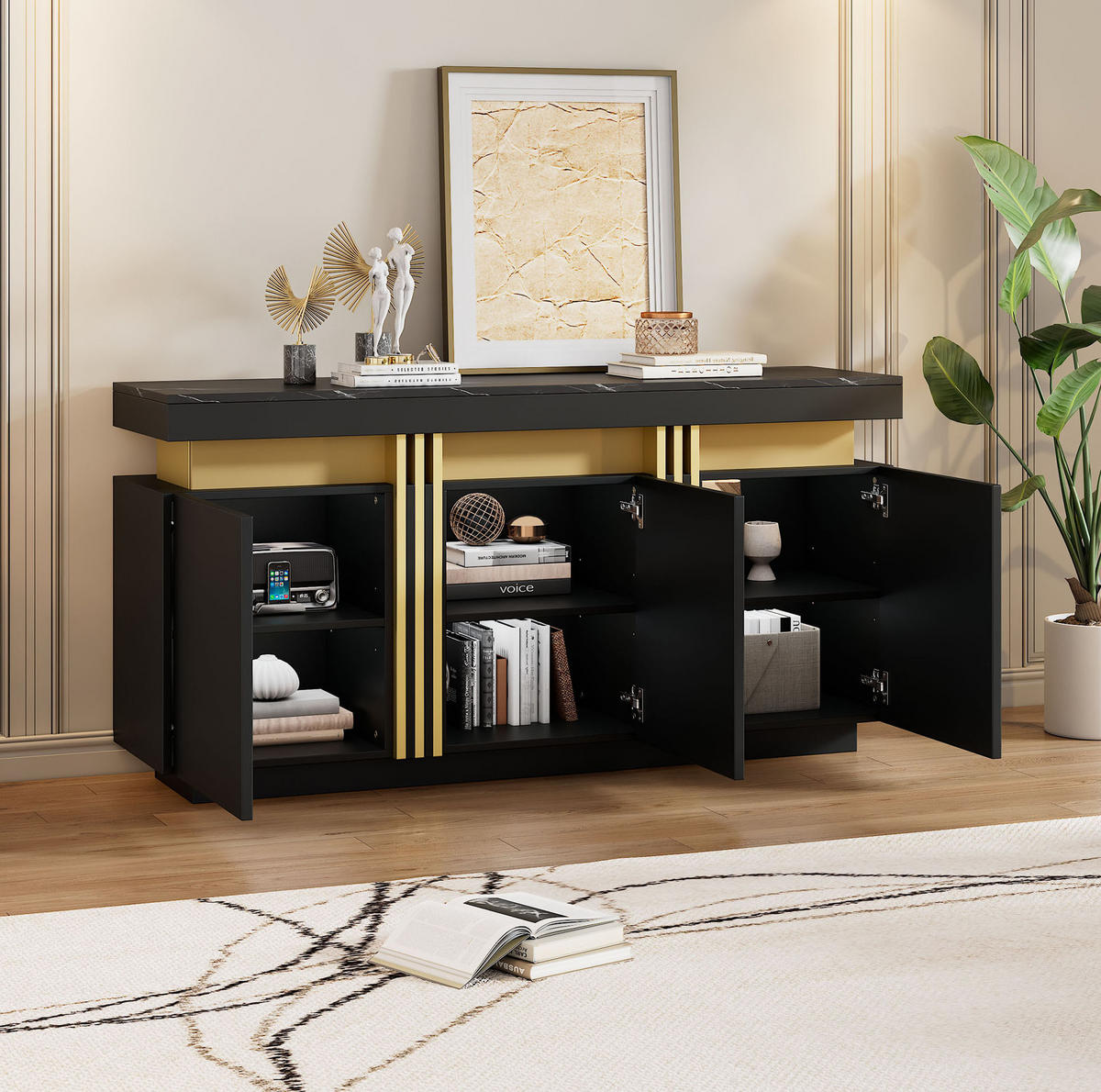 SIDEBOARD 140/38/70 cm schwarz-gold aus Spanplatte mit 3 Türen - Schwarz, Holzwerkstoff (140/70/38cm) - OKWISH