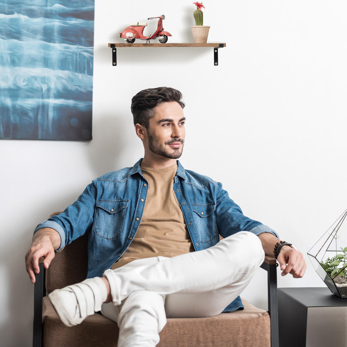 2XNÁSTENNÉ regály - hnedá, kov/kompozitné drevo (48/9.5/15.5cm) - Relaxdays