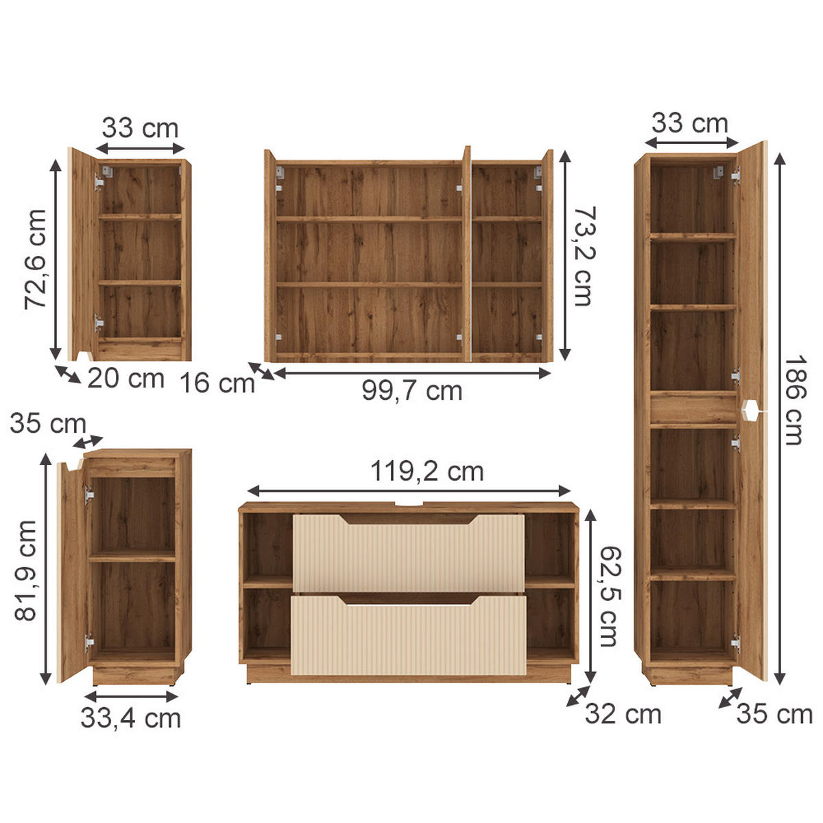 BADMÖBEL-SET Lotta Eiche/Kaschmir gestreift 5 Teile - Kaschmir, Holzwerkstoff (119.2/62.5/35cm) - Vicco