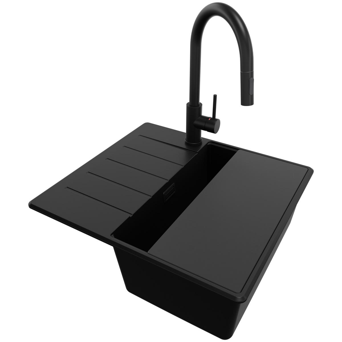 GRANITSPÜLE Kopenhagen, 2-er set Alles Schwarz 55/50 cm 1 Becken + Küchenarmatur 40/20 cm + Ablauf-Set + Schneidebrett ab 40er Unterschrank - Schwarz, Kunststoff (55/20/50cm) - Primagran