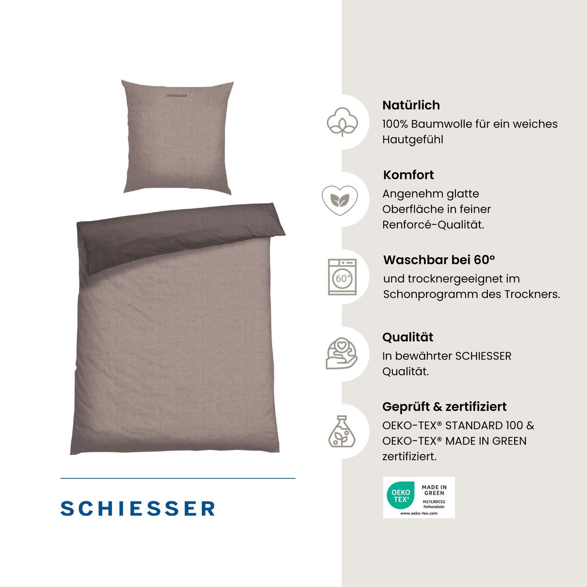 BETTWÄSCHESET Doubleface - Renforcé - 2-teilig - 135 x 200 cm - Taupe-Dunkelgrau - Dunkelgrau, Textil (135/200cm) - SCHIESSER