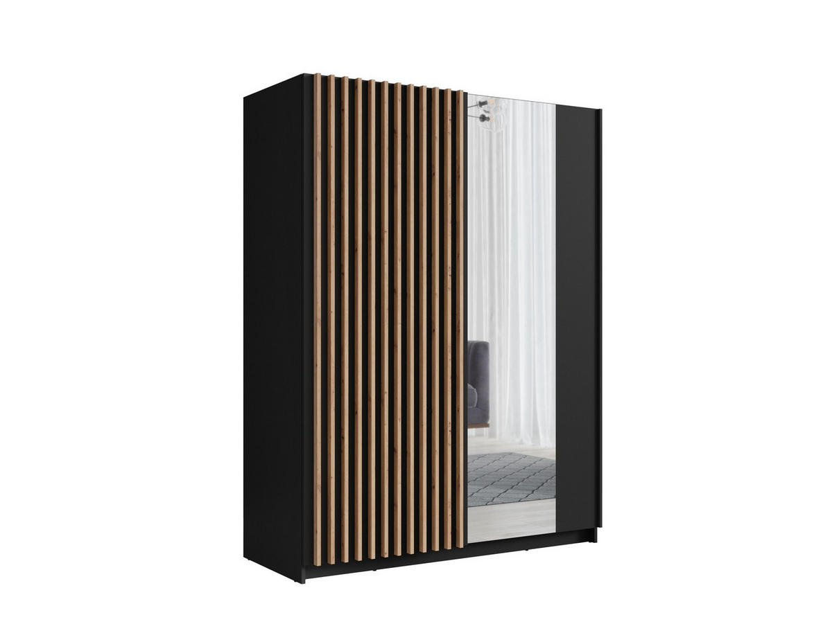 SCHWEBETÜRENSCHRANK MAREN 150,6/198,5/55cm 2-türig mit Spiegel Schwarz - Schwarz/Eiche Artisan, Holzwerkstoff (150.6/198.5/55cm) - MASSENO
