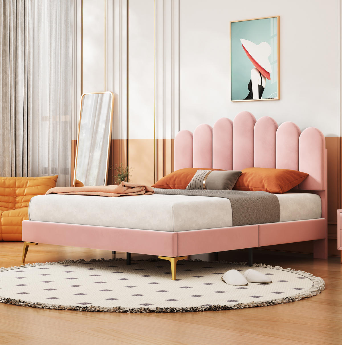 POLSTERBETT aus Samt 140x200 cm Pink mit verstellbarem Kopfteil, Lattenrost und Metallfüßen - Rosa, Textil (140/200cm) - Modfu