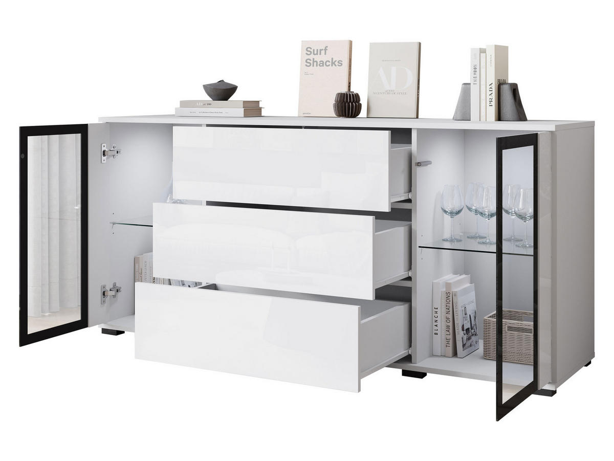 SIDEBOARD Caro SB 150 2D3S mit weißer LED Beleuchtung - Eiche Wotan/Schwarz, Holzwerkstoff/Kunststoff (150/70/40cm) - MIRJAN24
