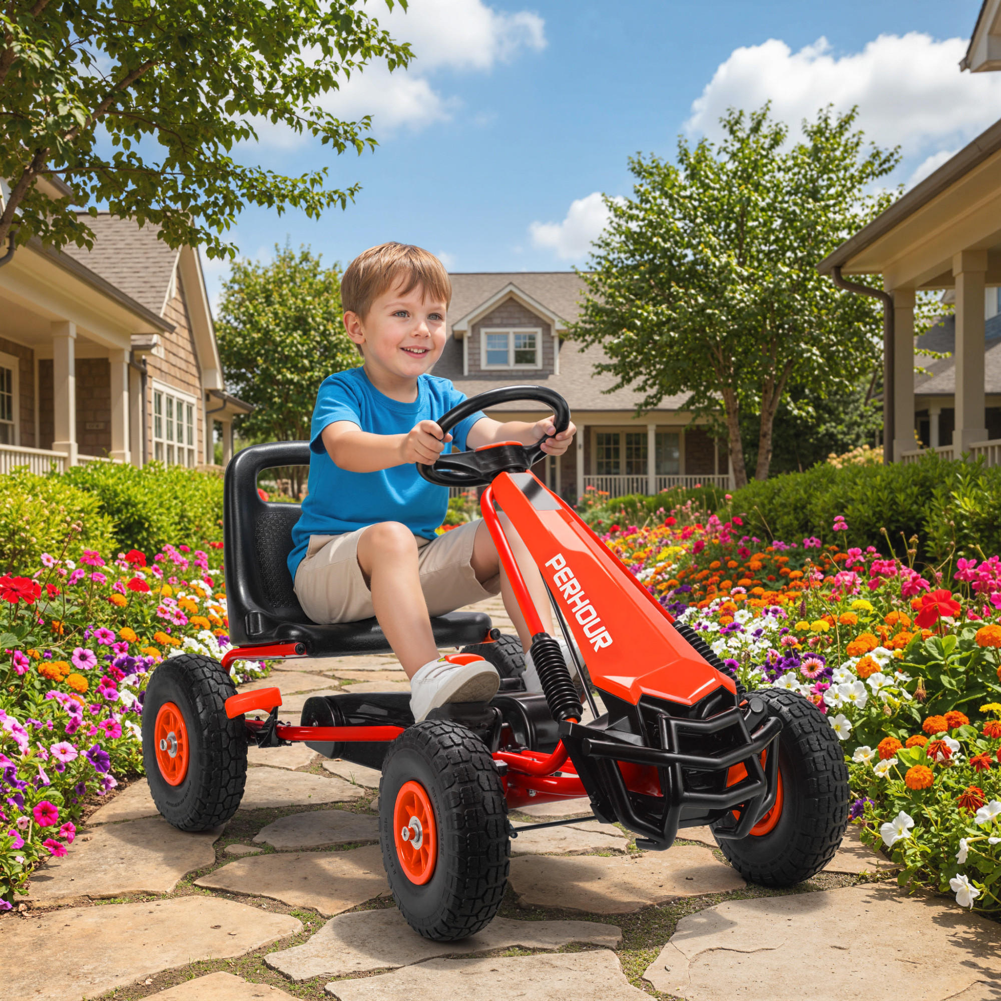 GOKART, Tretauto mit Handbremse, verstellbarem Sitz, Vor- und Rückwärtsgang - Rot, Metall (110/61/62cm) - AIYAPLAY